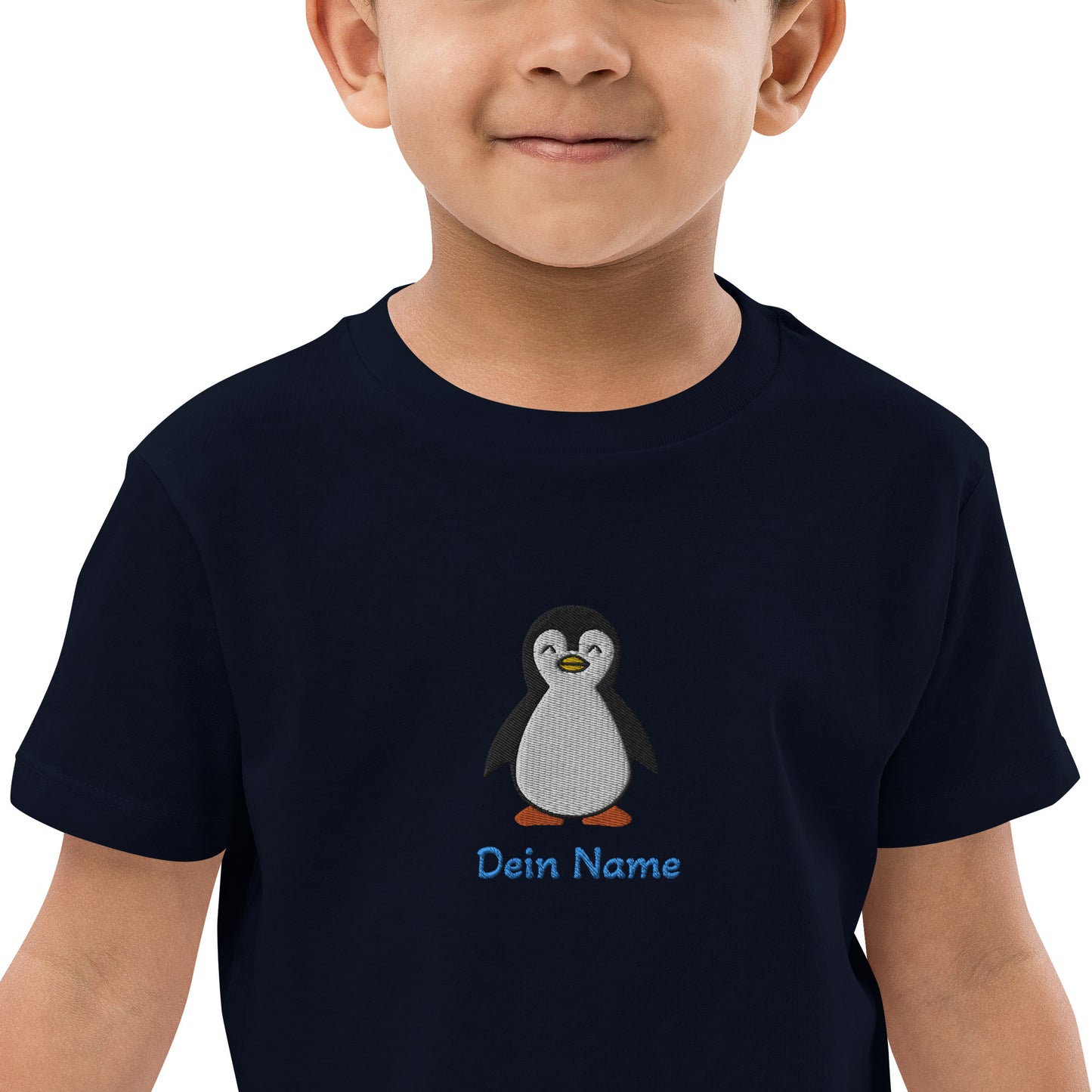 Pinguin auf Bio-Baumwoll-T-Shirt für Kinder gestickt Personalisierbar