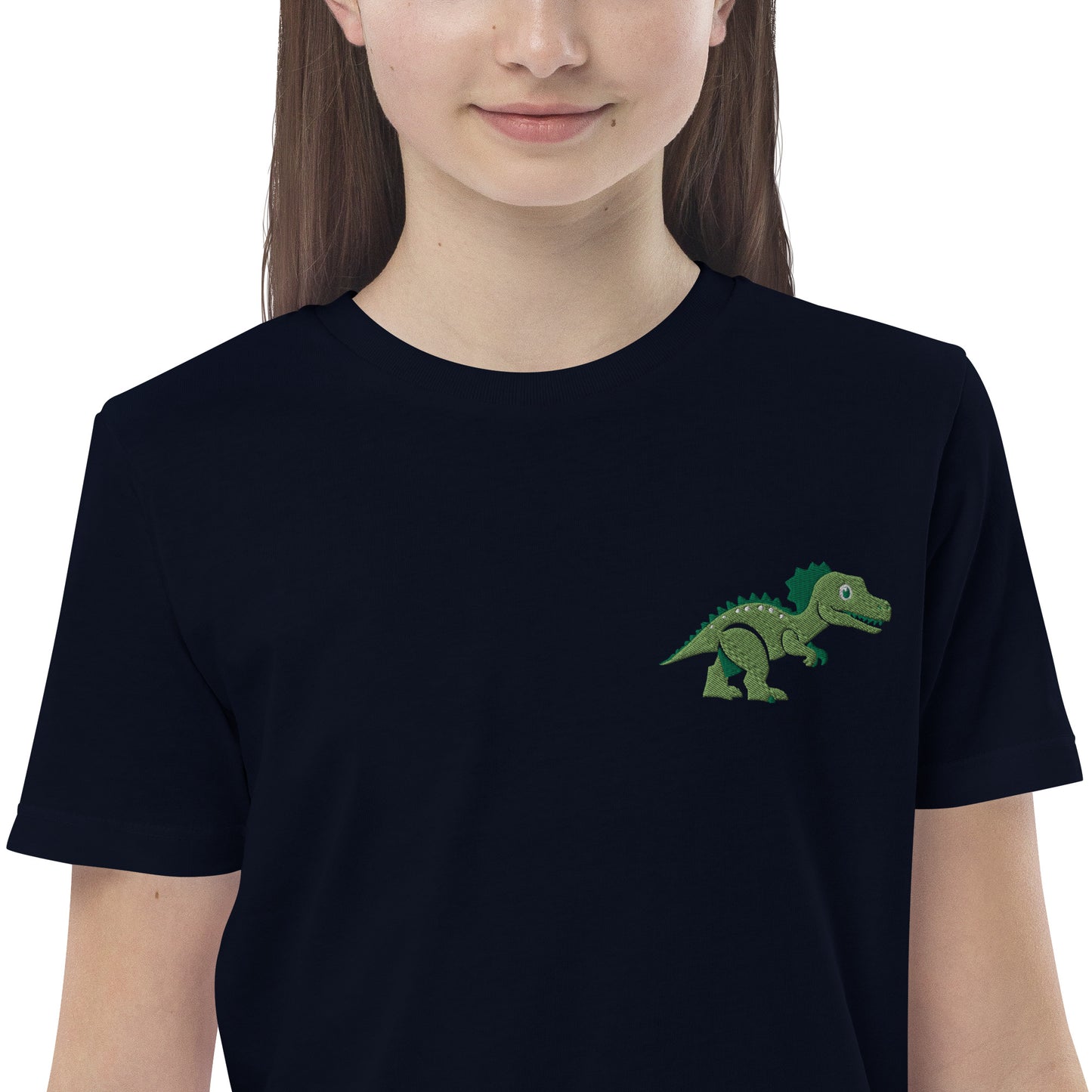 Dinosaurier T-Rex auf Bio-Baumwoll-T-Shirt für Kinder gestickt