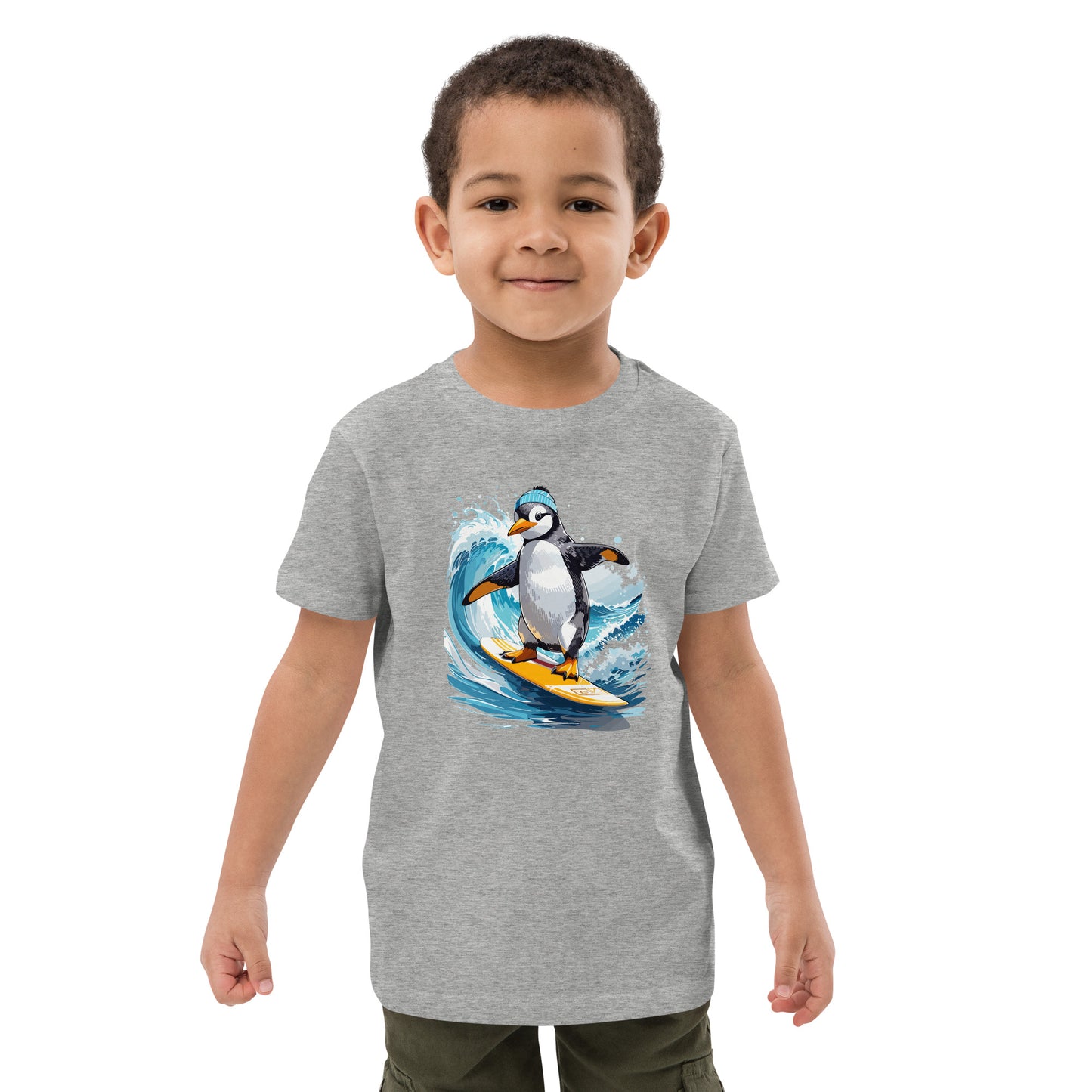 Surfer Pinguin auf Bio-Baumwoll-T-Shirt für Kinder gedruckt