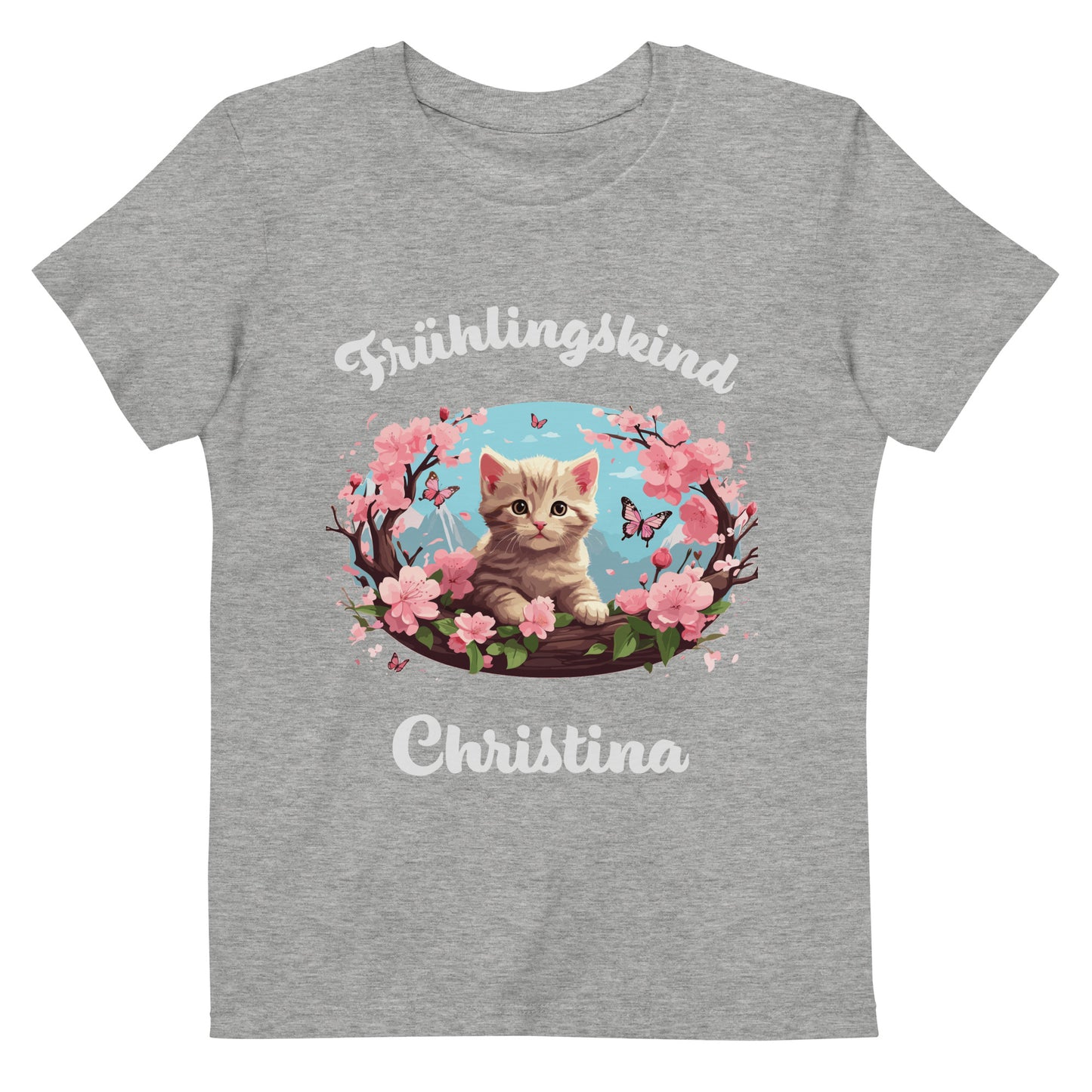 Frühlingskind Katze auf Bio-Baumwoll-T-Shirt für Kinder gedruckt Personalisierbar