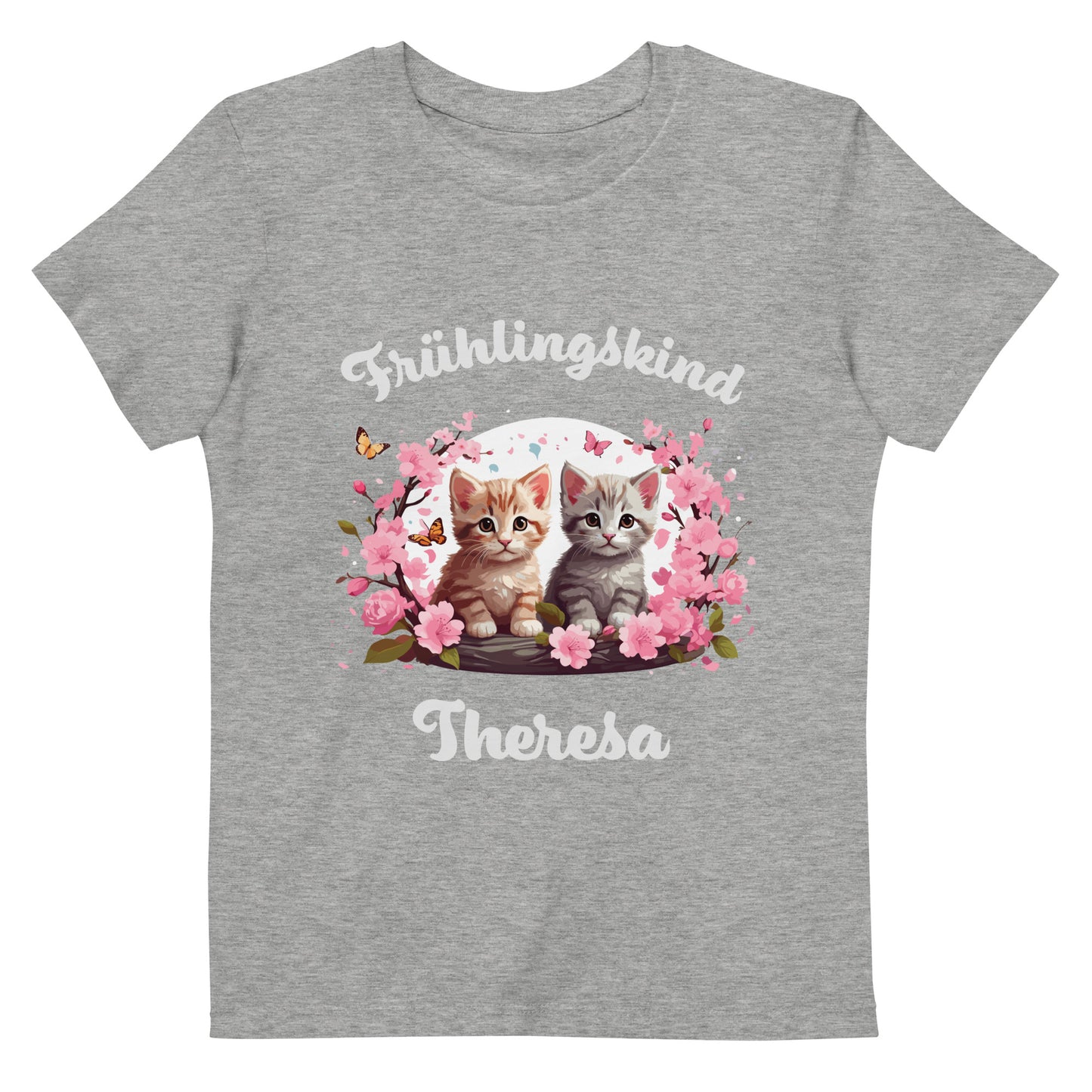 Frühlingskind Kätzchen auf Bio-Baumwoll-T-Shirt für Kinder gedruckt Personalisierbar