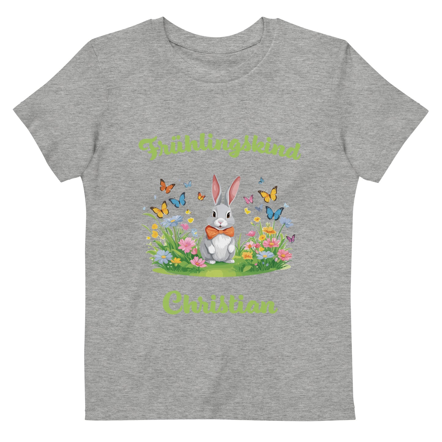 Frühlingskind Hase auf Bio-Baumwoll-T-Shirt für Kinder gedruckt Personalisierbar