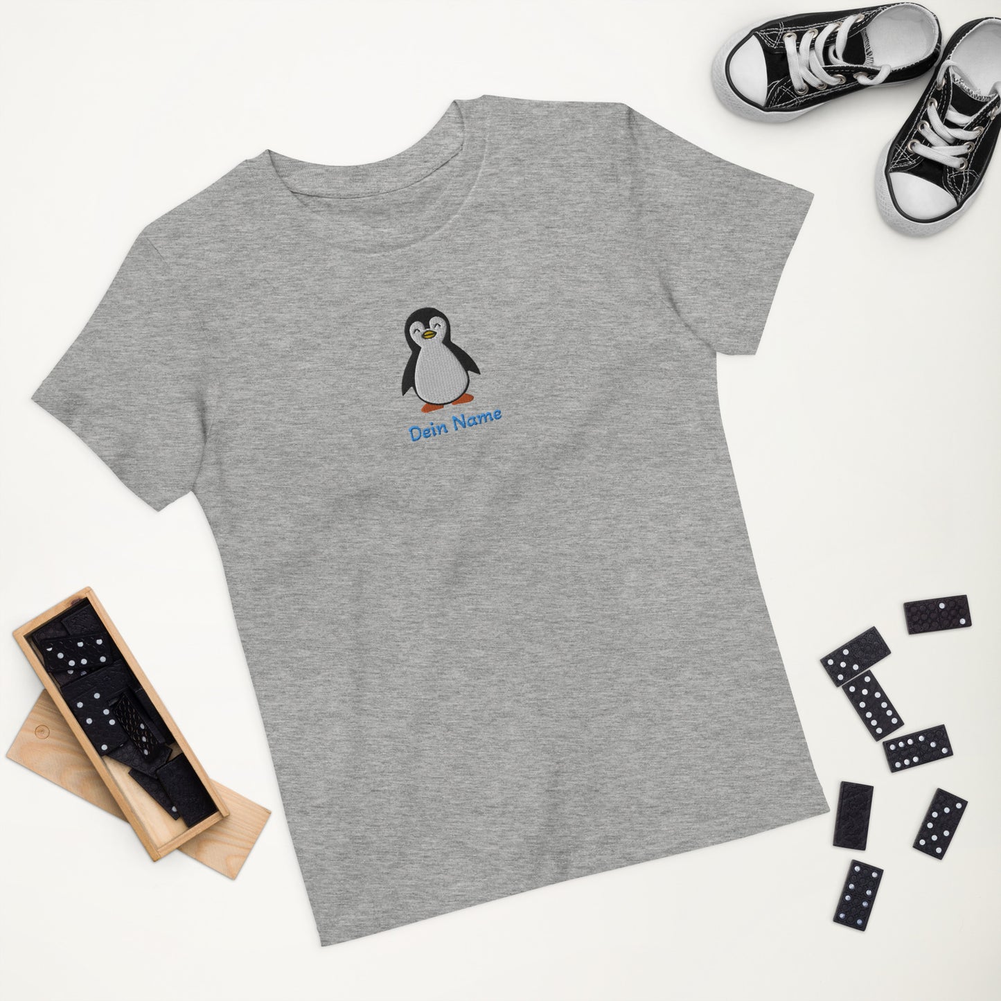 Pinguin auf Bio-Baumwoll-T-Shirt für Kinder gestickt Personalisierbar