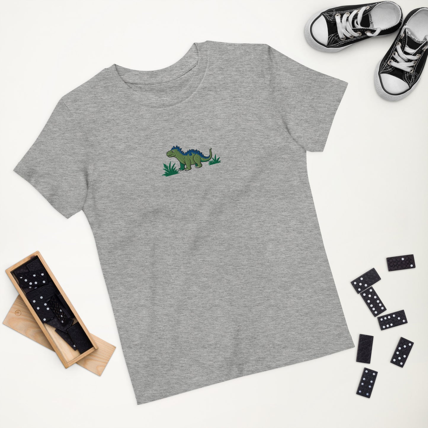 Dino Stegosaurus auf Bio-Baumwoll-T-Shirt für Kinder gestickt