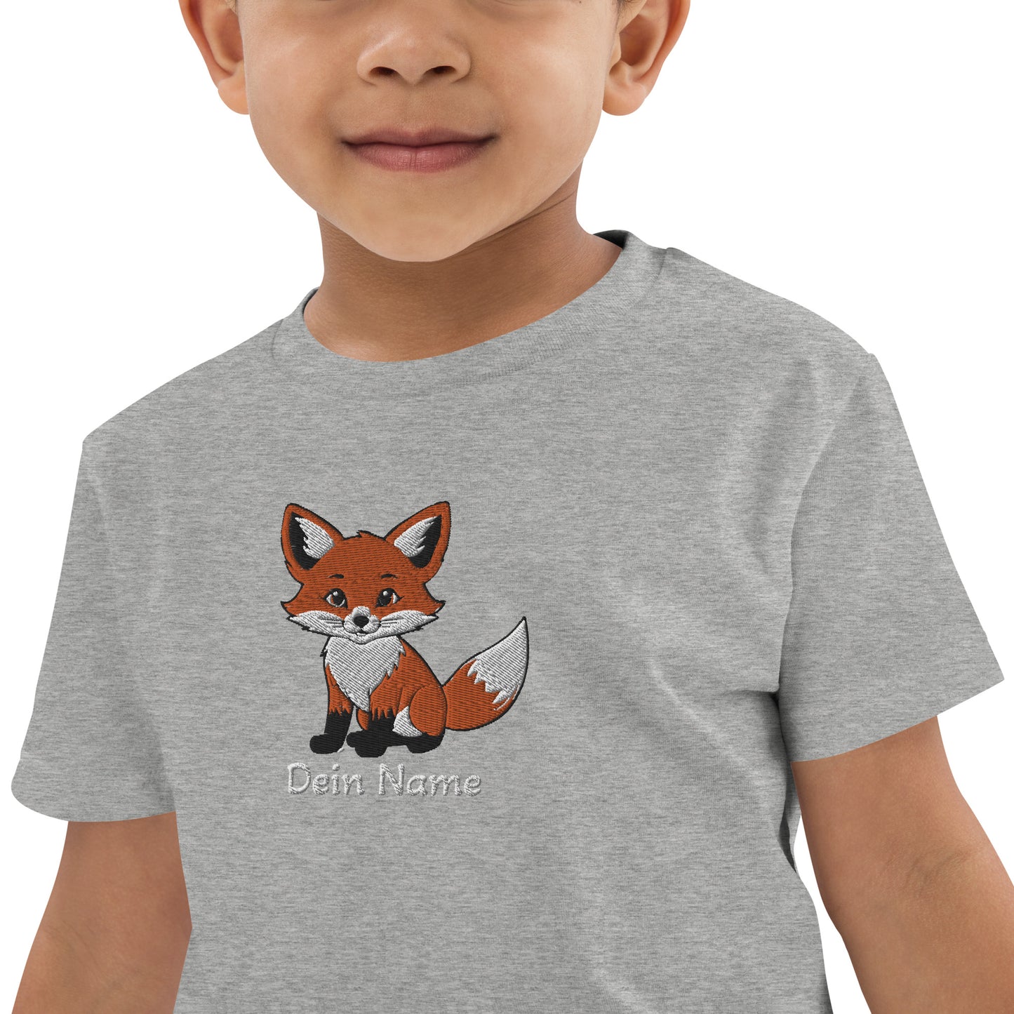 Fuchs auf Bio-Baumwoll-T-Shirt für Kinder gestickt Mitte Personalisierbar