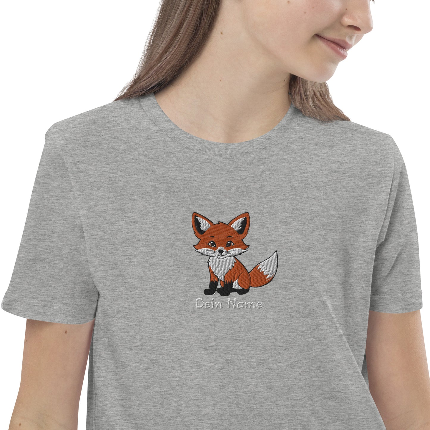 Fuchs auf Bio-Baumwoll-T-Shirt für Kinder gestickt Mitte Personalisierbar