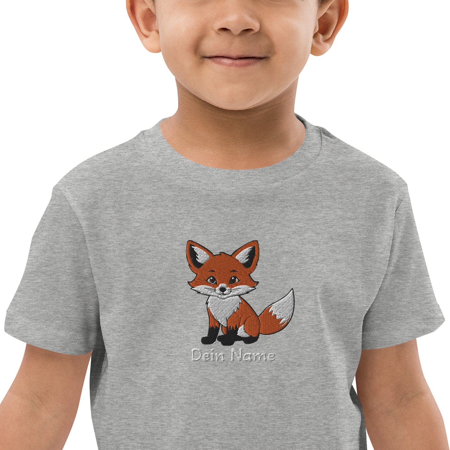 Fuchs auf Bio-Baumwoll-T-Shirt für Kinder gestickt Mitte Personalisierbar