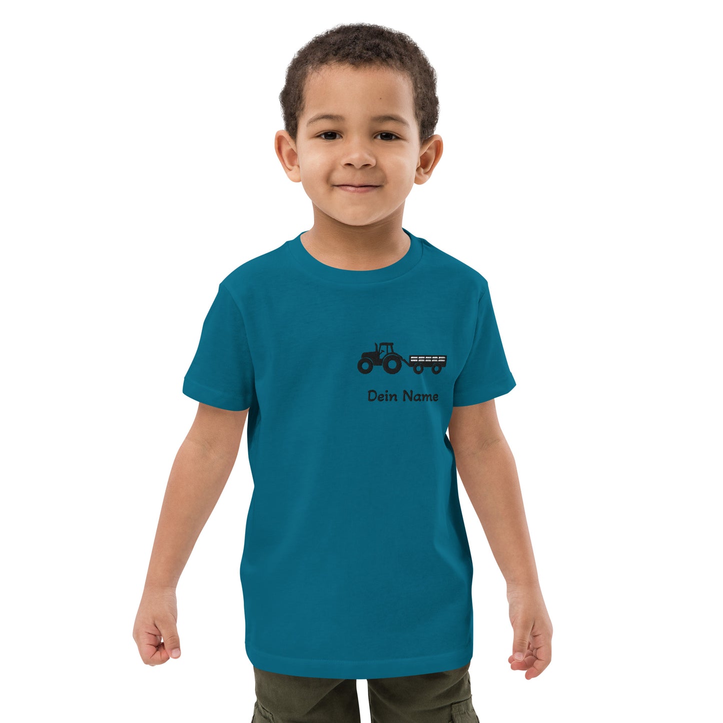 Traktor mit Anhänger auf Bio-Baumwoll-T-Shirt für Kinder gestickt Personalisierbar