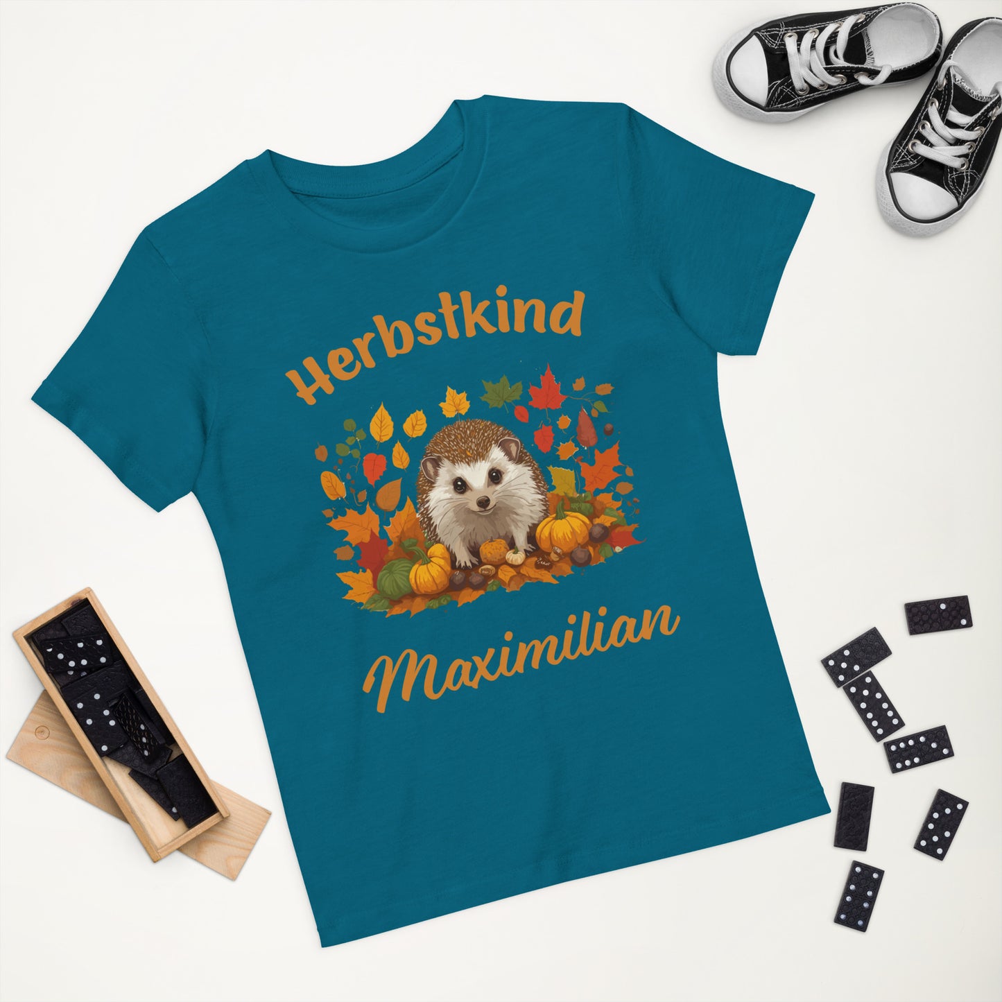 Herbstkind Igel auf Bio-Baumwoll-T-Shirt gedruckt Personalisierbar