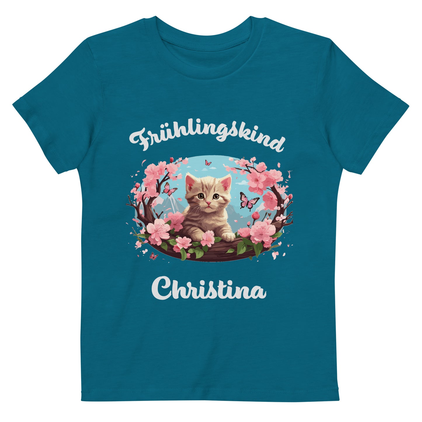 Frühlingskind Katze auf Bio-Baumwoll-T-Shirt für Kinder gedruckt Personalisierbar