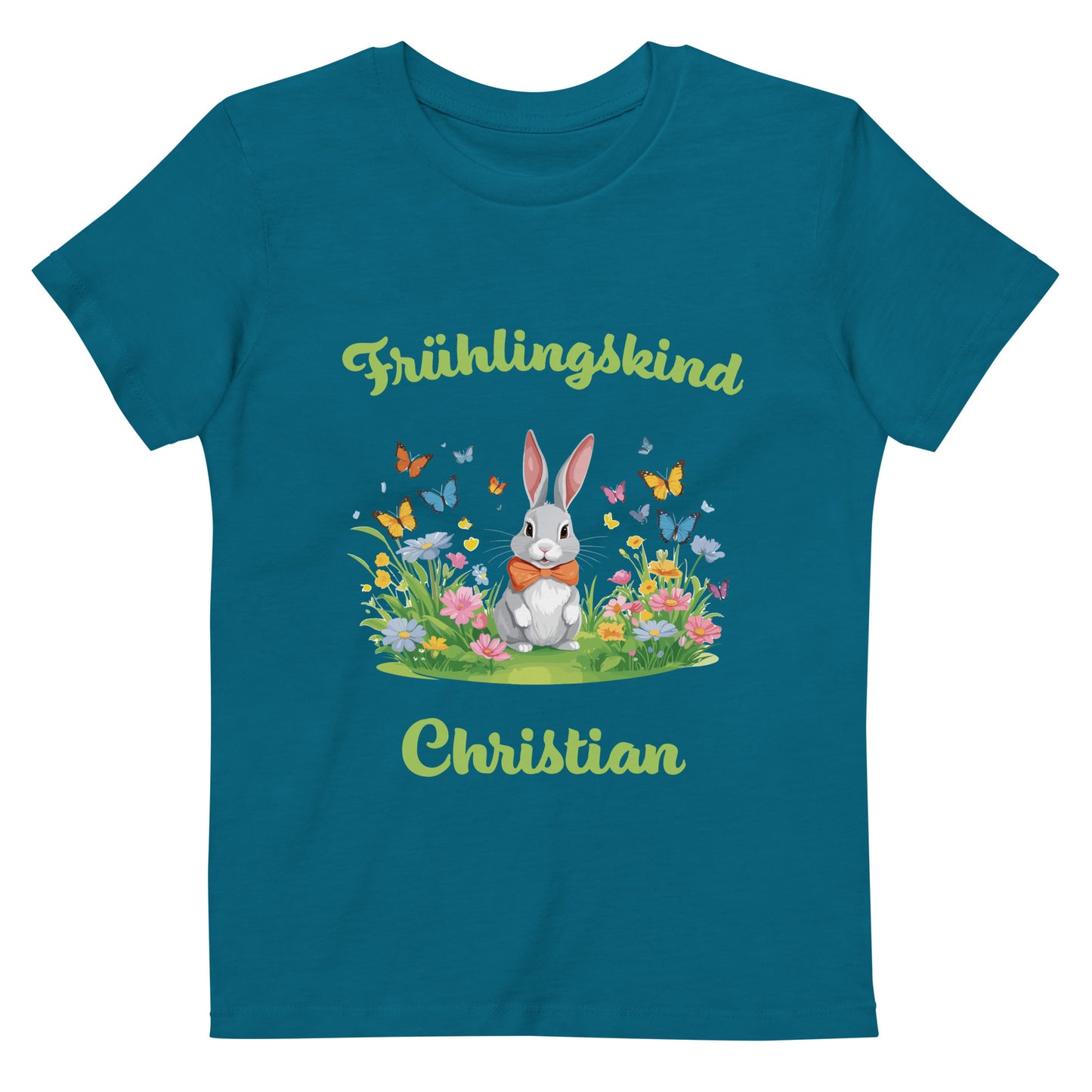 Frühlingskind Hase auf Bio-Baumwoll-T-Shirt für Kinder gedruckt Personalisierbar