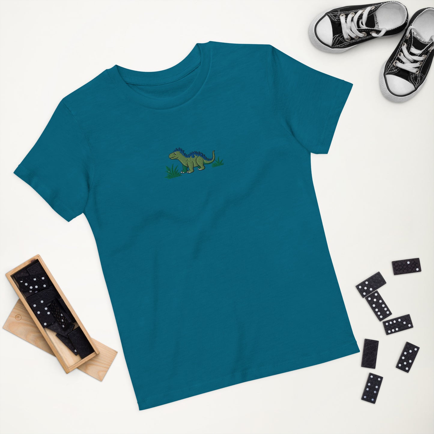 Dino Stegosaurus auf Bio-Baumwoll-T-Shirt für Kinder gestickt