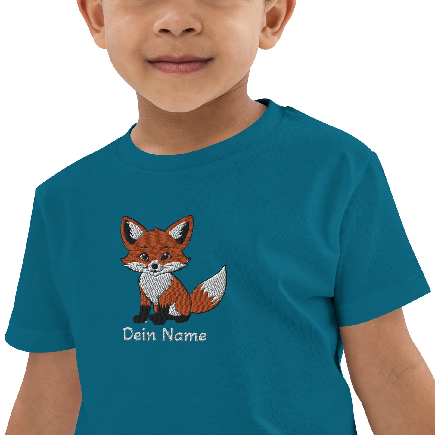 Fuchs auf Bio-Baumwoll-T-Shirt für Kinder gestickt Mitte Personalisierbar