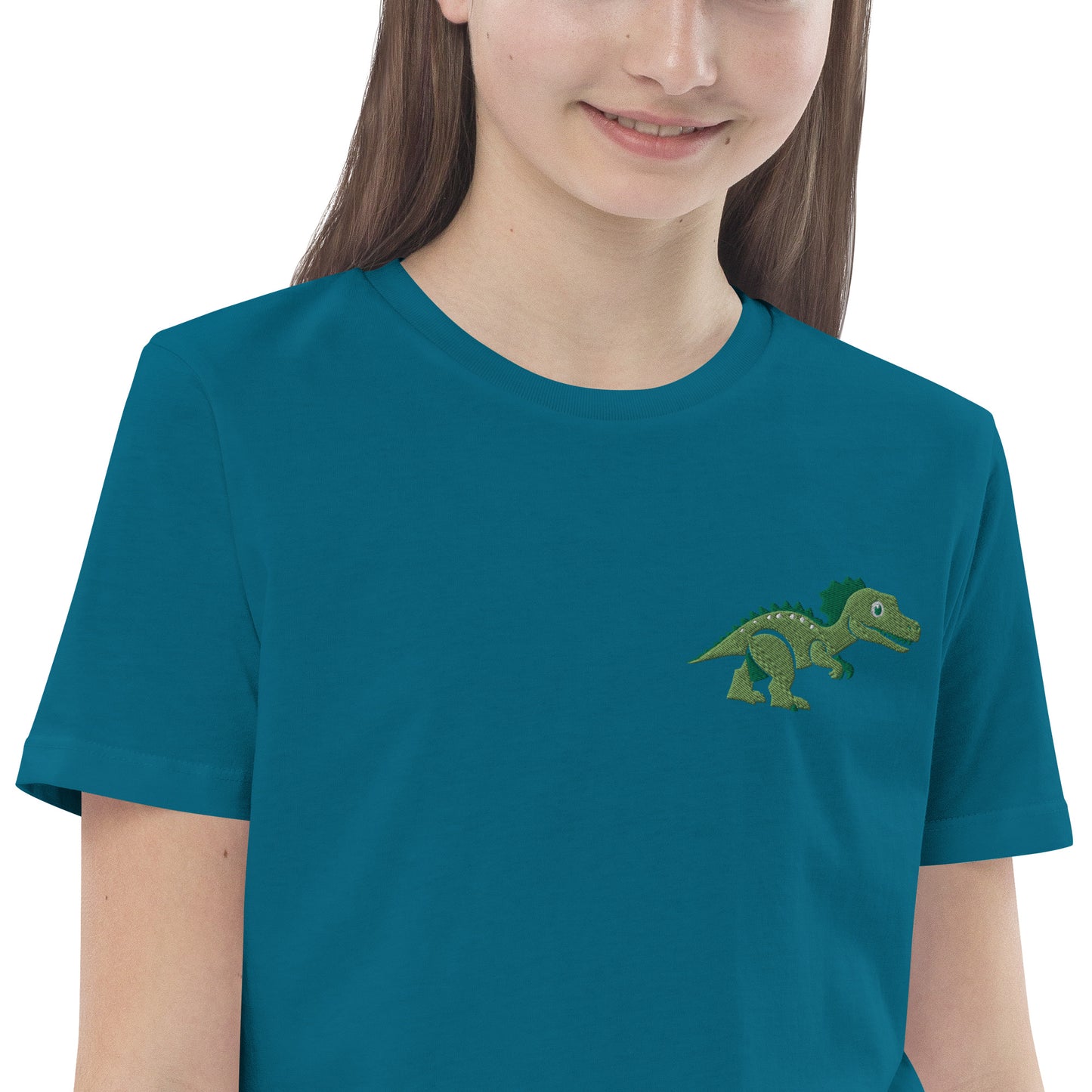 Dinosaurier T-Rex auf Bio-Baumwoll-T-Shirt für Kinder gestickt