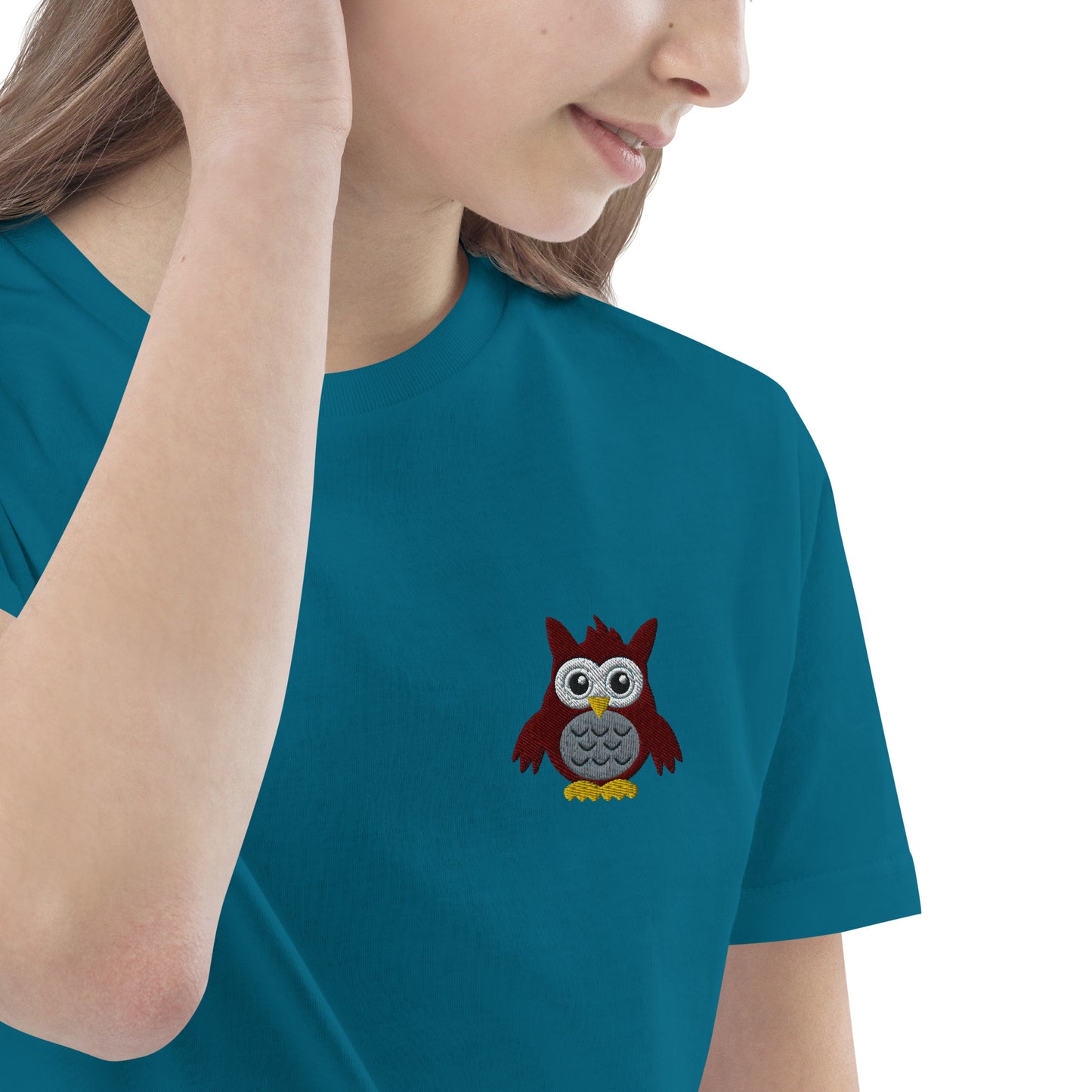 Eule auf Bio-Baumwoll-T-Shirt für Kinder gestickt