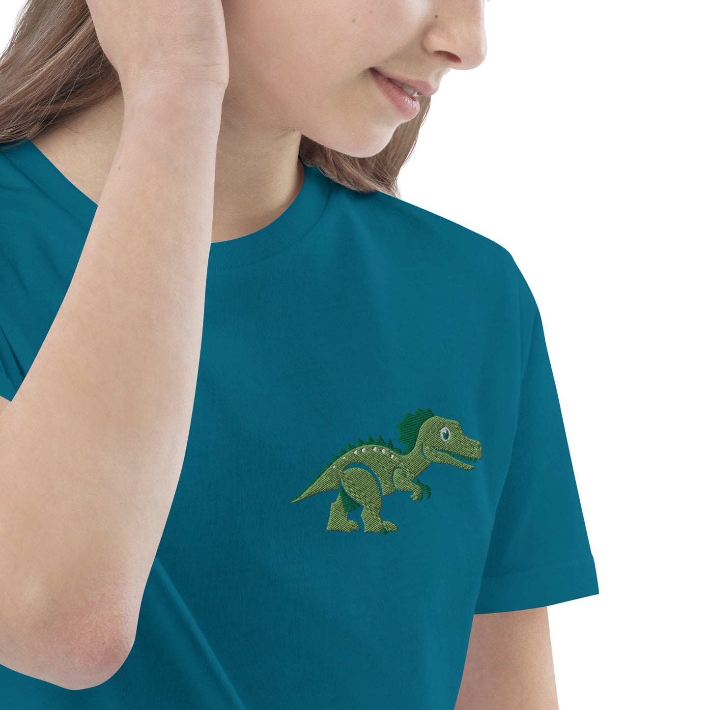 Dinosaurier T-Rex auf Bio-Baumwoll-T-Shirt für Kinder gestickt