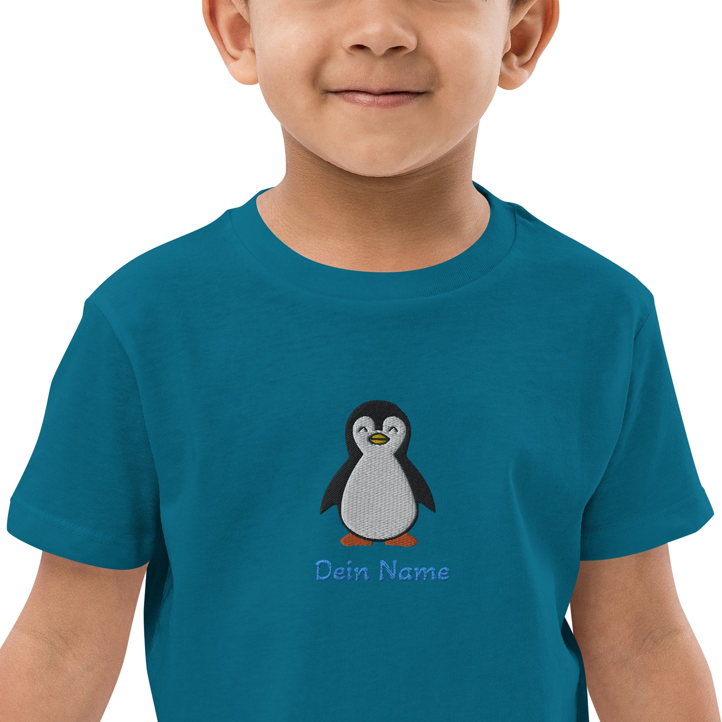 Pinguin auf Bio-Baumwoll-T-Shirt für Kinder gestickt Personalisierbar