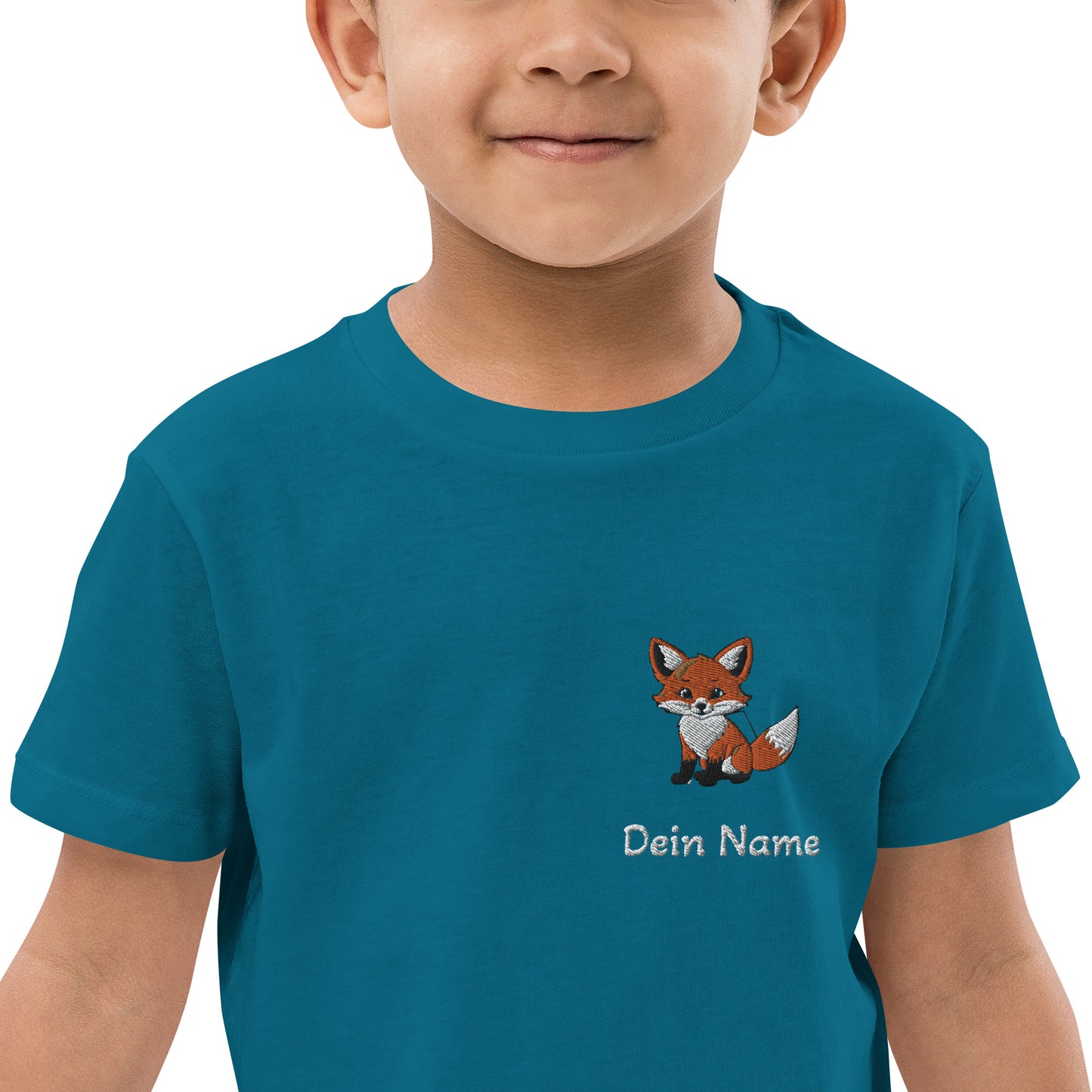 Fuchs auf Bio-Baumwoll-T-Shirt für Kinder gestickt Personalisierbar