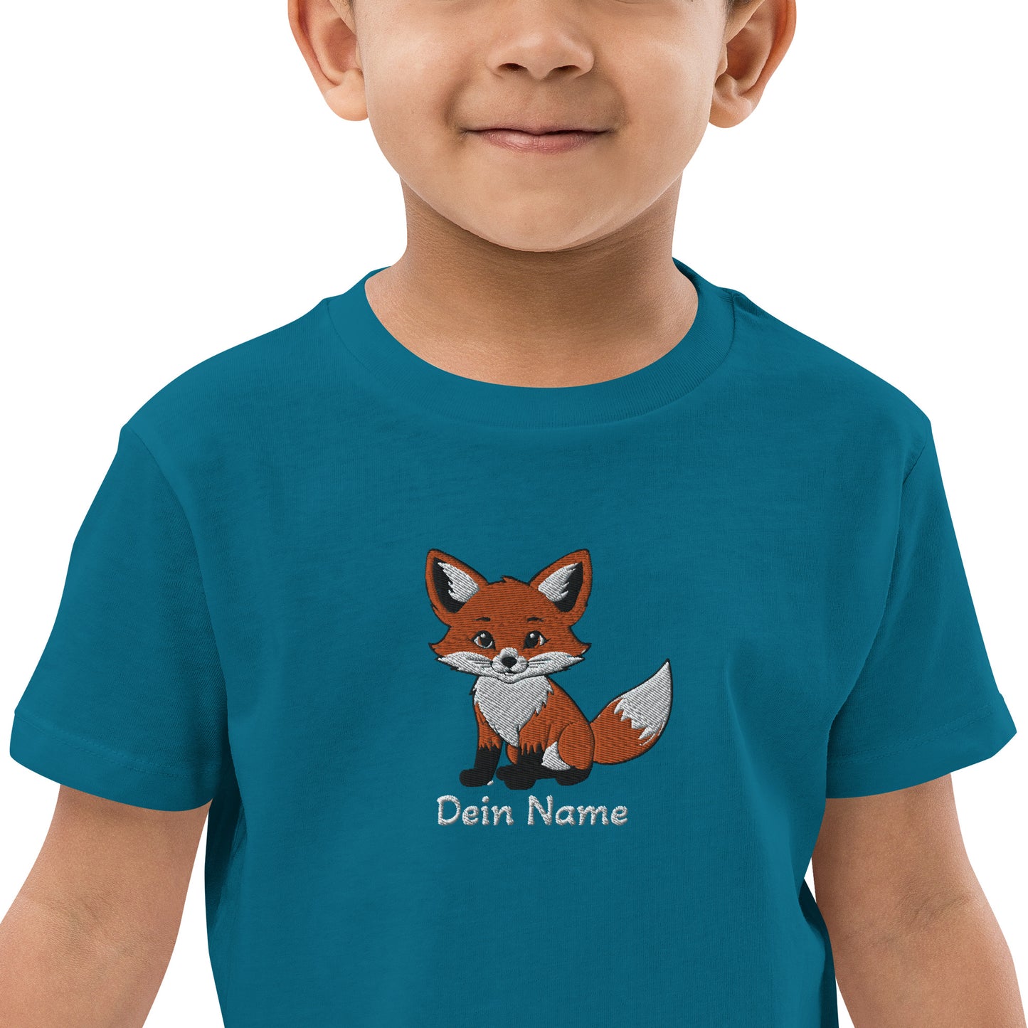 Fuchs auf Bio-Baumwoll-T-Shirt für Kinder gestickt Mitte Personalisierbar