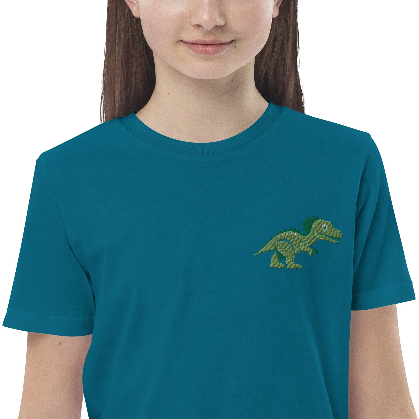 Dinosaurier T-Rex auf Bio-Baumwoll-T-Shirt für Kinder gestickt