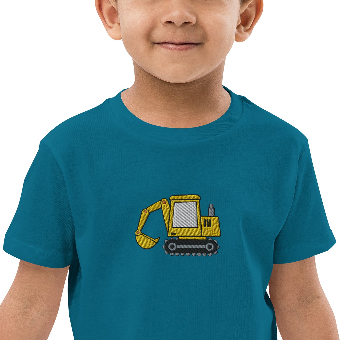 Bagger auf Bio-Baumwoll-T-Shirt für Kinder gestickt