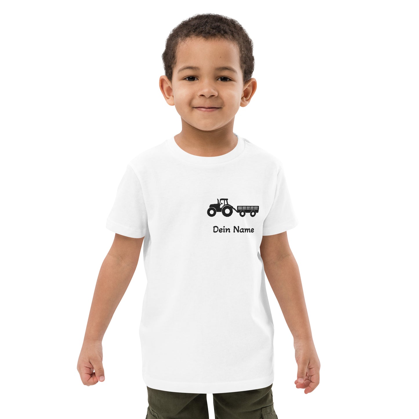 Traktor mit Anhänger auf Bio-Baumwoll-T-Shirt für Kinder gestickt Personalisierbar