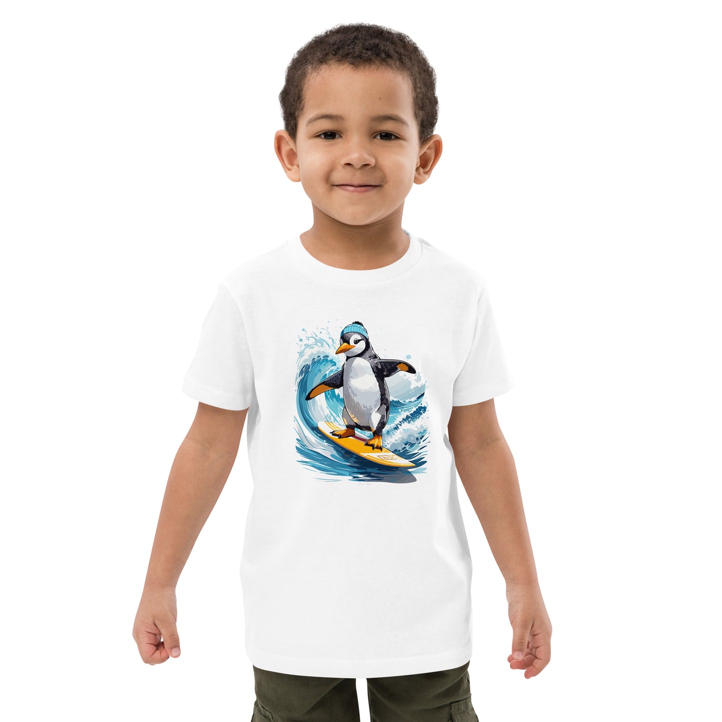 Surfer Pinguin auf Bio-Baumwoll-T-Shirt für Kinder gedruckt