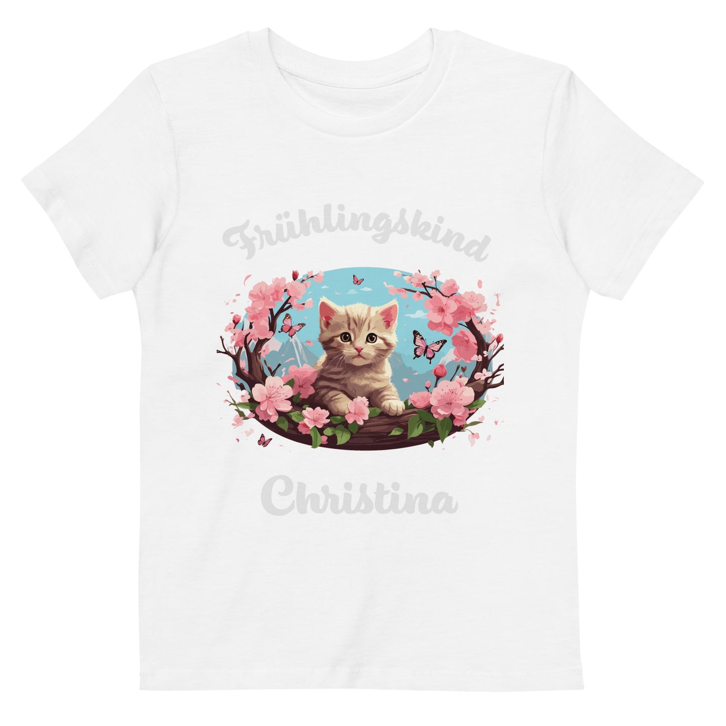 Frühlingskind Katze auf Bio-Baumwoll-T-Shirt für Kinder gedruckt Personalisierbar