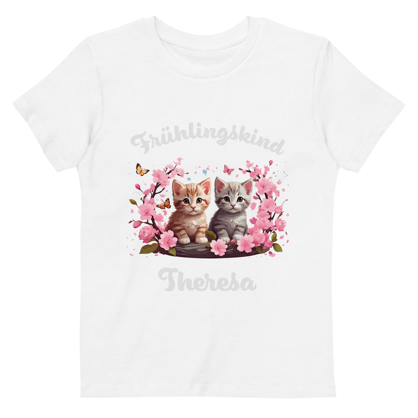 Frühlingskind Kätzchen auf Bio-Baumwoll-T-Shirt für Kinder gedruckt Personalisierbar