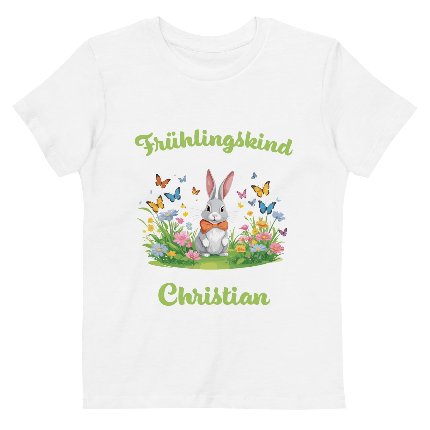 Frühlingskind Hase auf Bio-Baumwoll-T-Shirt für Kinder gedruckt Personalisierbar