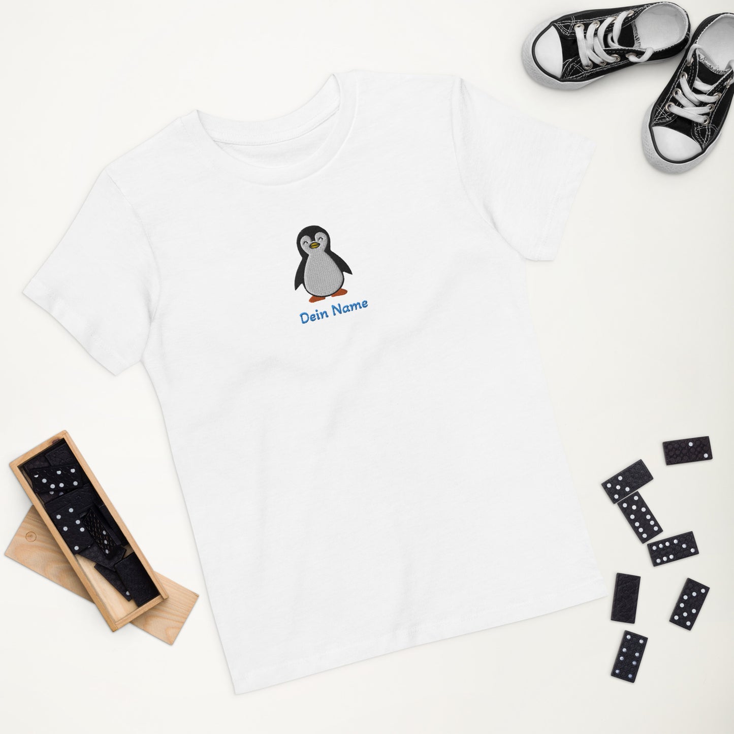 Pinguin auf Bio-Baumwoll-T-Shirt für Kinder gestickt Personalisierbar