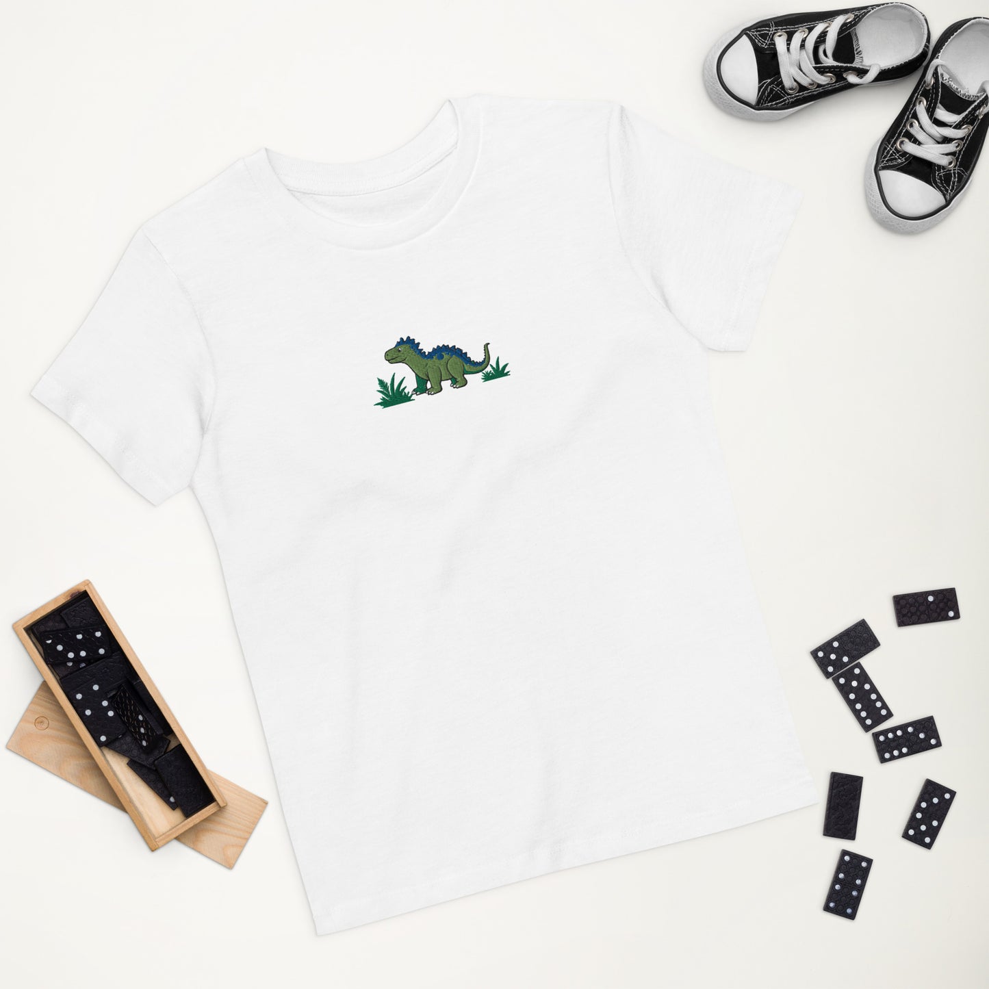 Dino Stegosaurus auf Bio-Baumwoll-T-Shirt für Kinder gestickt