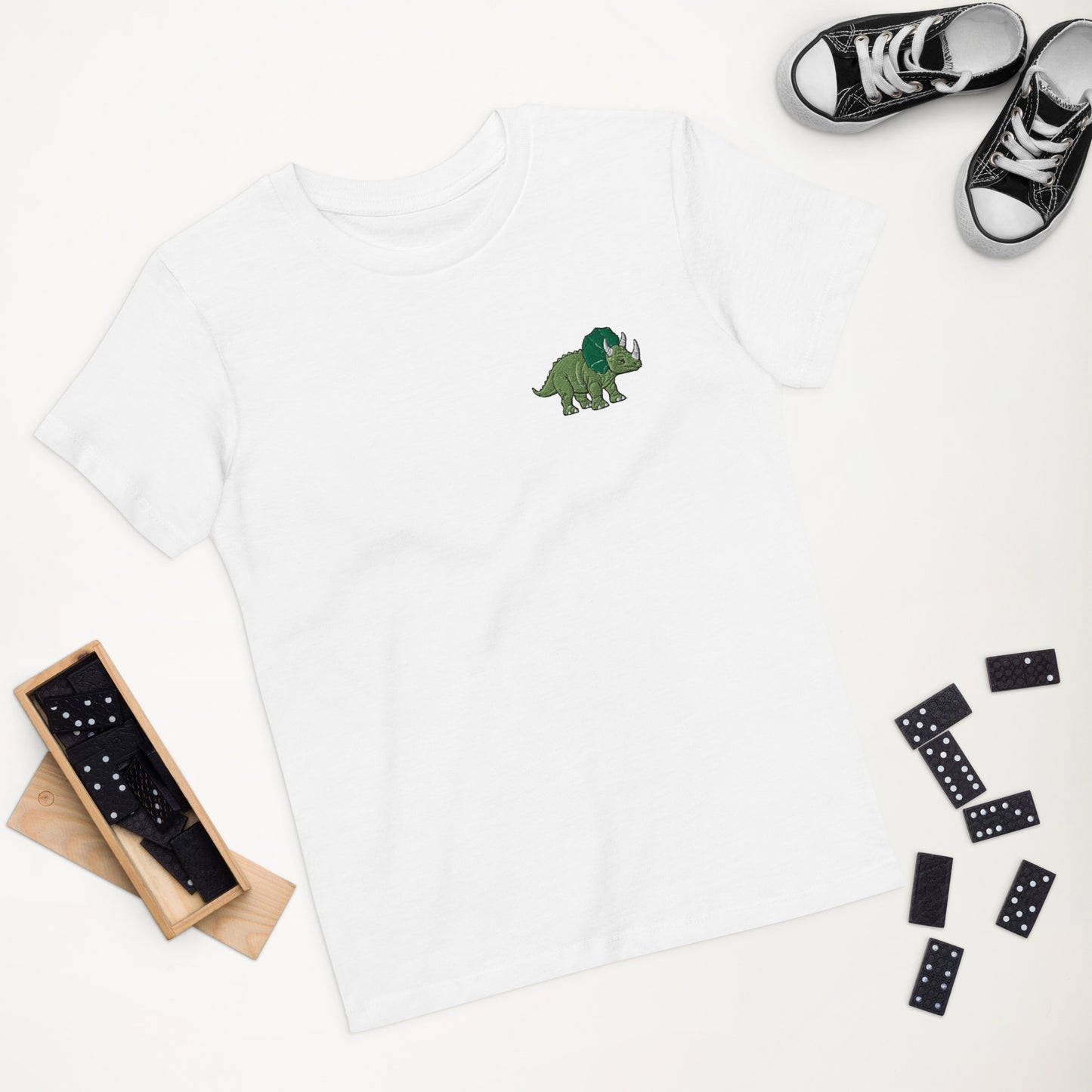 Dino Trizeratops auf Bio-Baumwoll-T-Shirt für Kinder gestickt