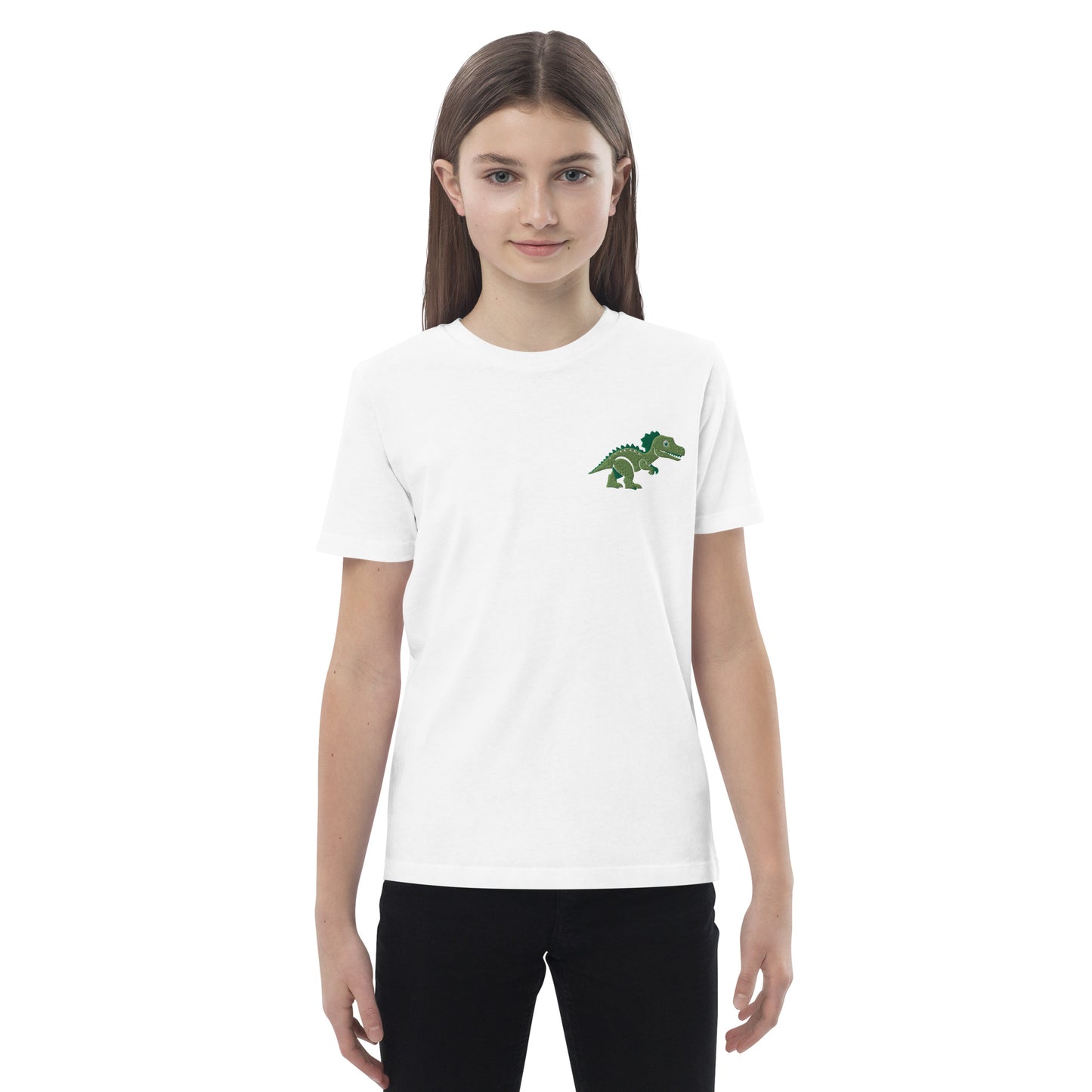 Dinosaurier T-Rex auf Bio-Baumwoll-T-Shirt für Kinder gestickt