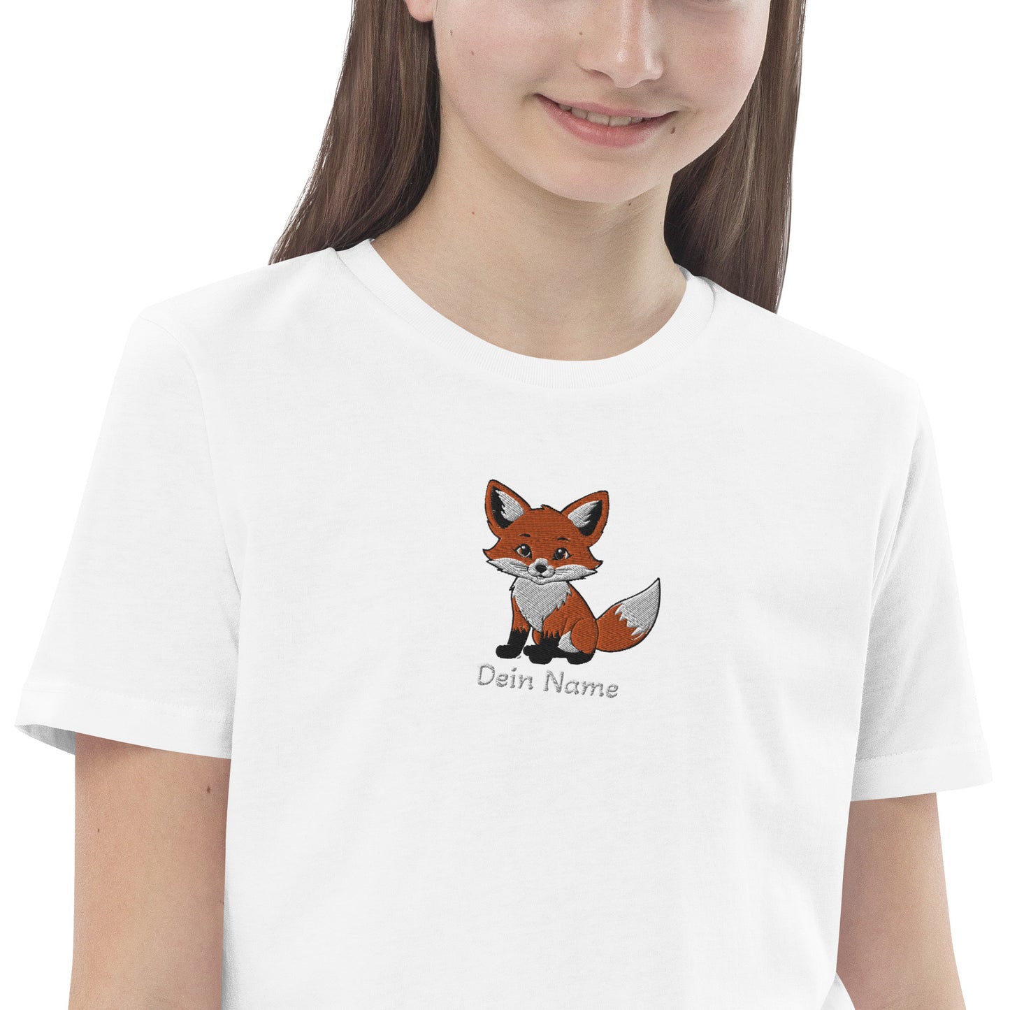 Fuchs auf Bio-Baumwoll-T-Shirt für Kinder gestickt Mitte Personalisierbar