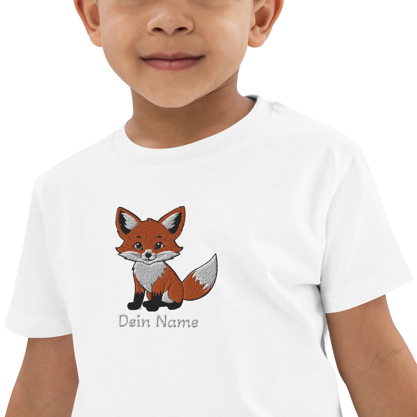 Fuchs auf Bio-Baumwoll-T-Shirt für Kinder gestickt Mitte Personalisierbar