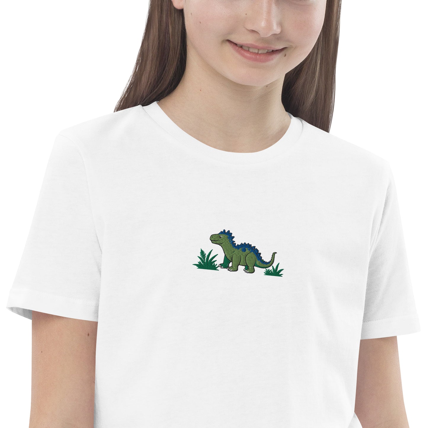 Dino Stegosaurus auf Bio-Baumwoll-T-Shirt für Kinder gestickt