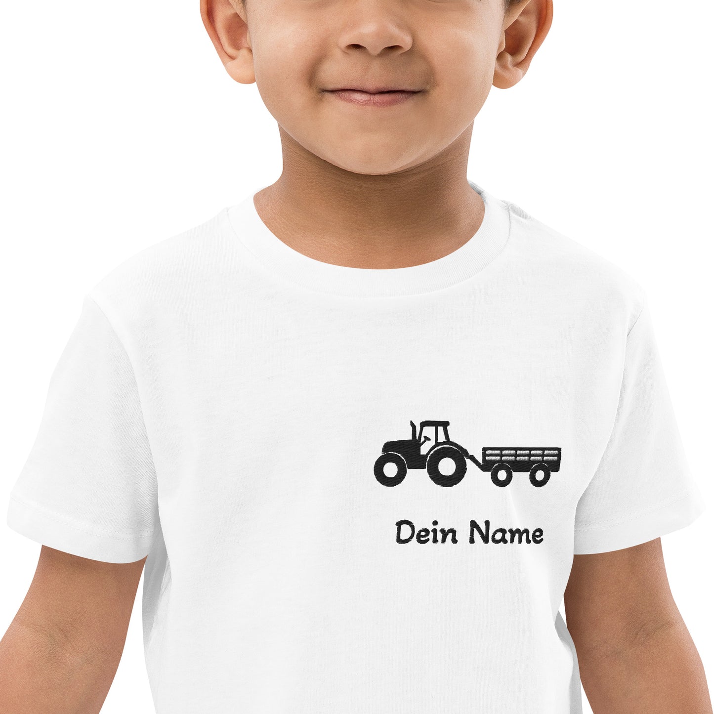 Traktor mit Anhänger auf Bio-Baumwoll-T-Shirt für Kinder gestickt Personalisierbar