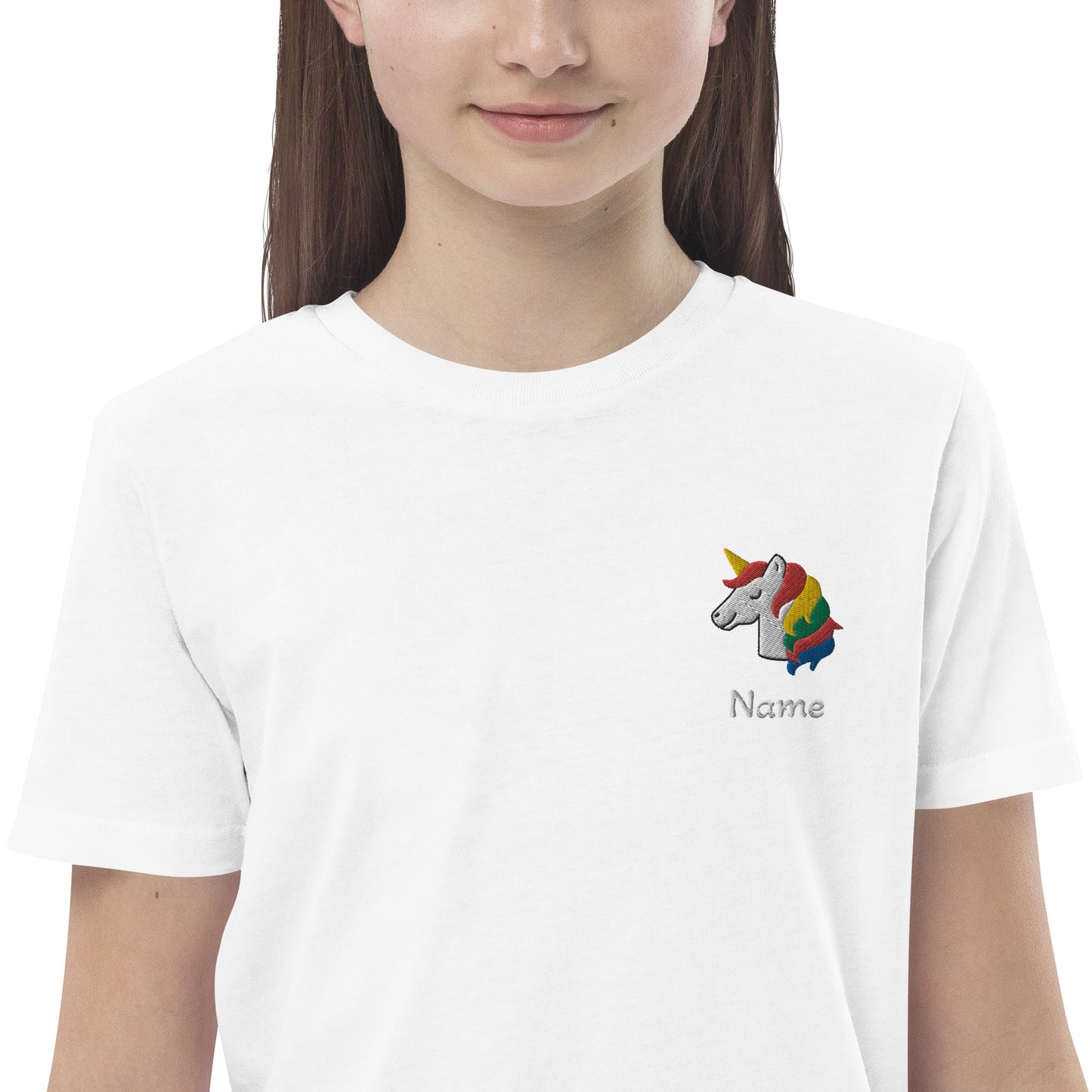 Einhornkopf auf Bio-Baumwoll-T-Shirt gestickt Personalisierbar