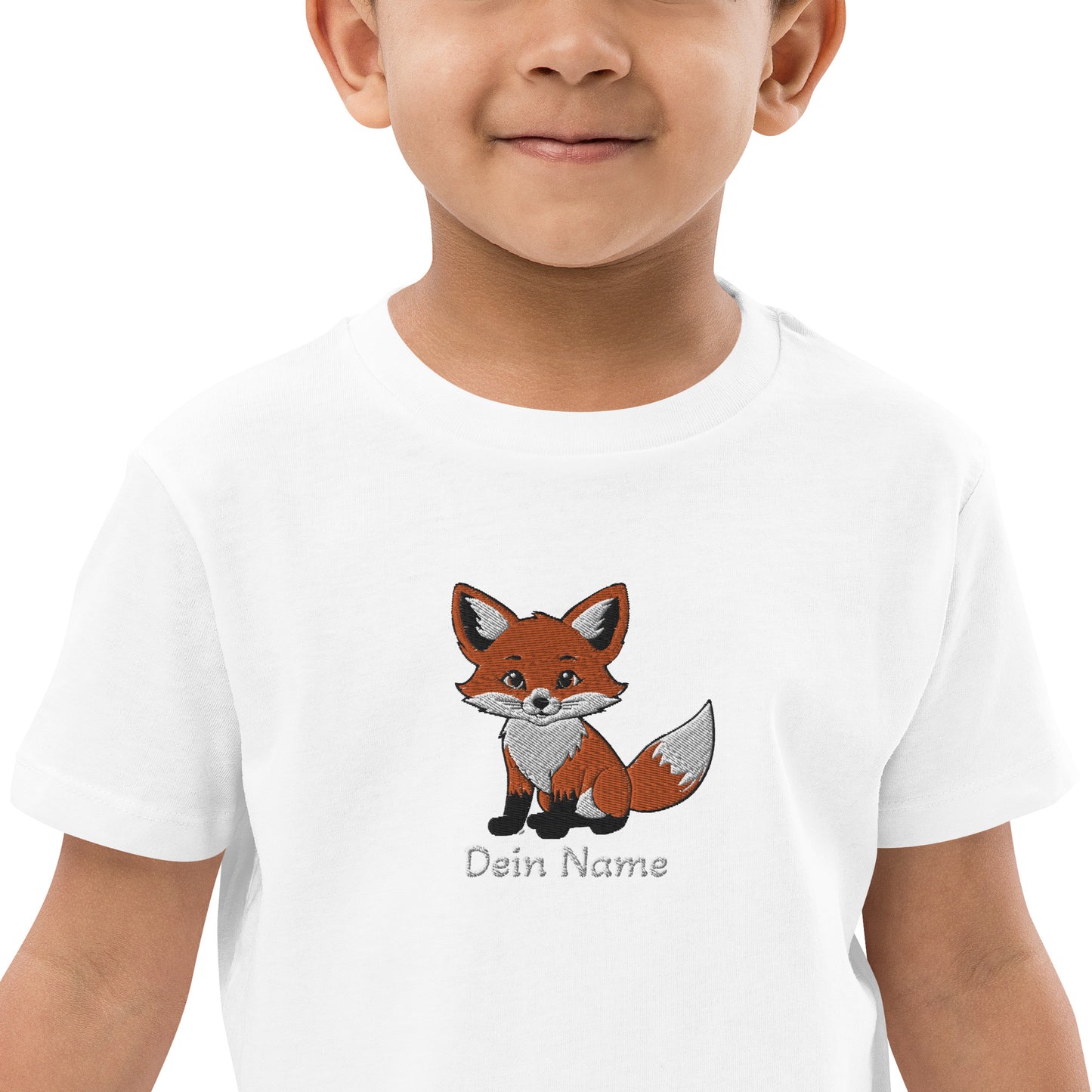 Fuchs auf Bio-Baumwoll-T-Shirt für Kinder gestickt Mitte Personalisierbar