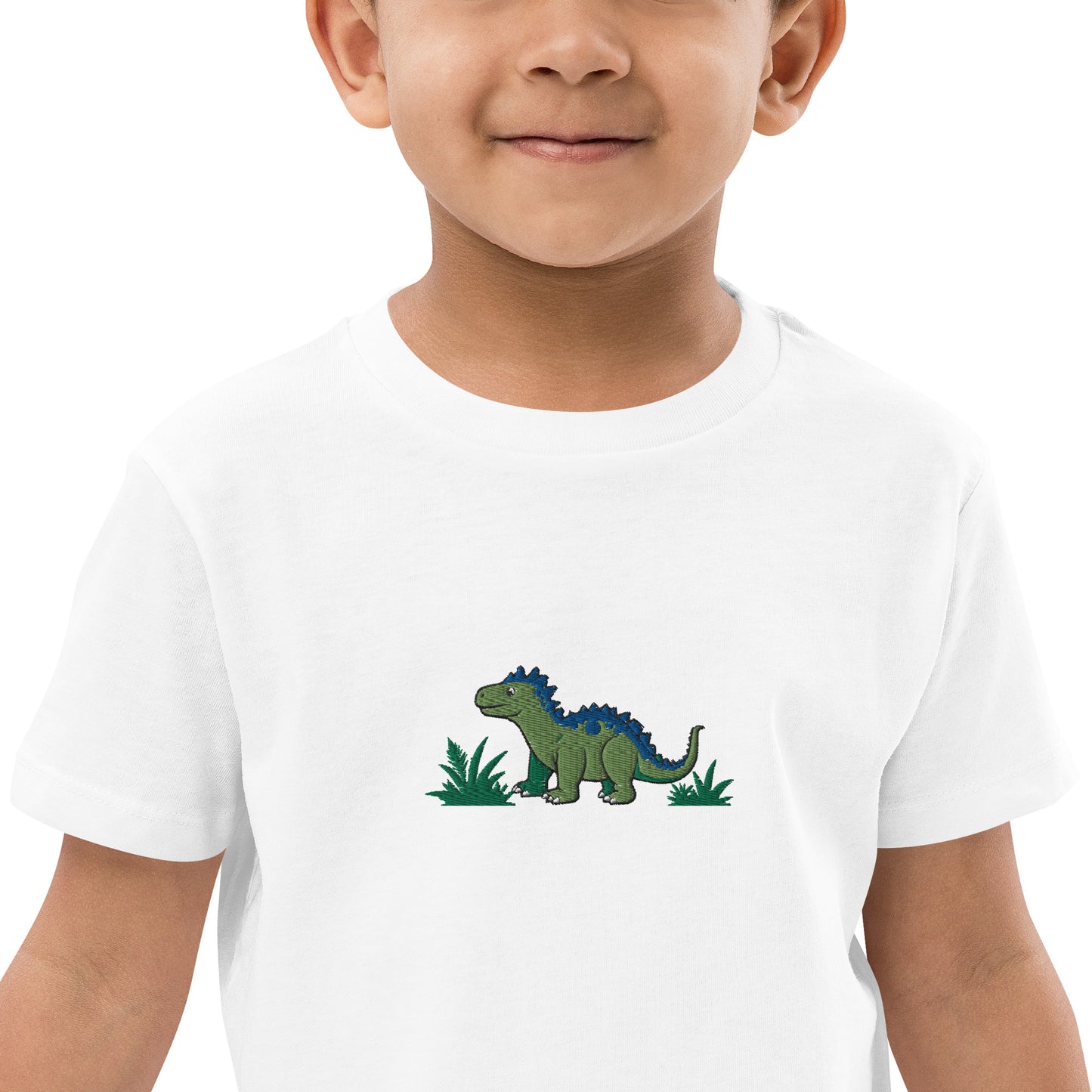 Dino Stegosaurus auf Bio-Baumwoll-T-Shirt für Kinder gestickt