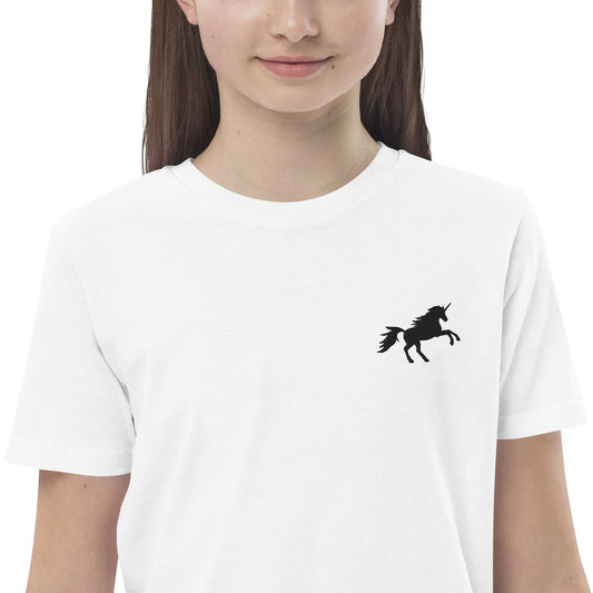 Einhorn auf Bio-Baumwoll-T-Shirt für Kinder gestickt