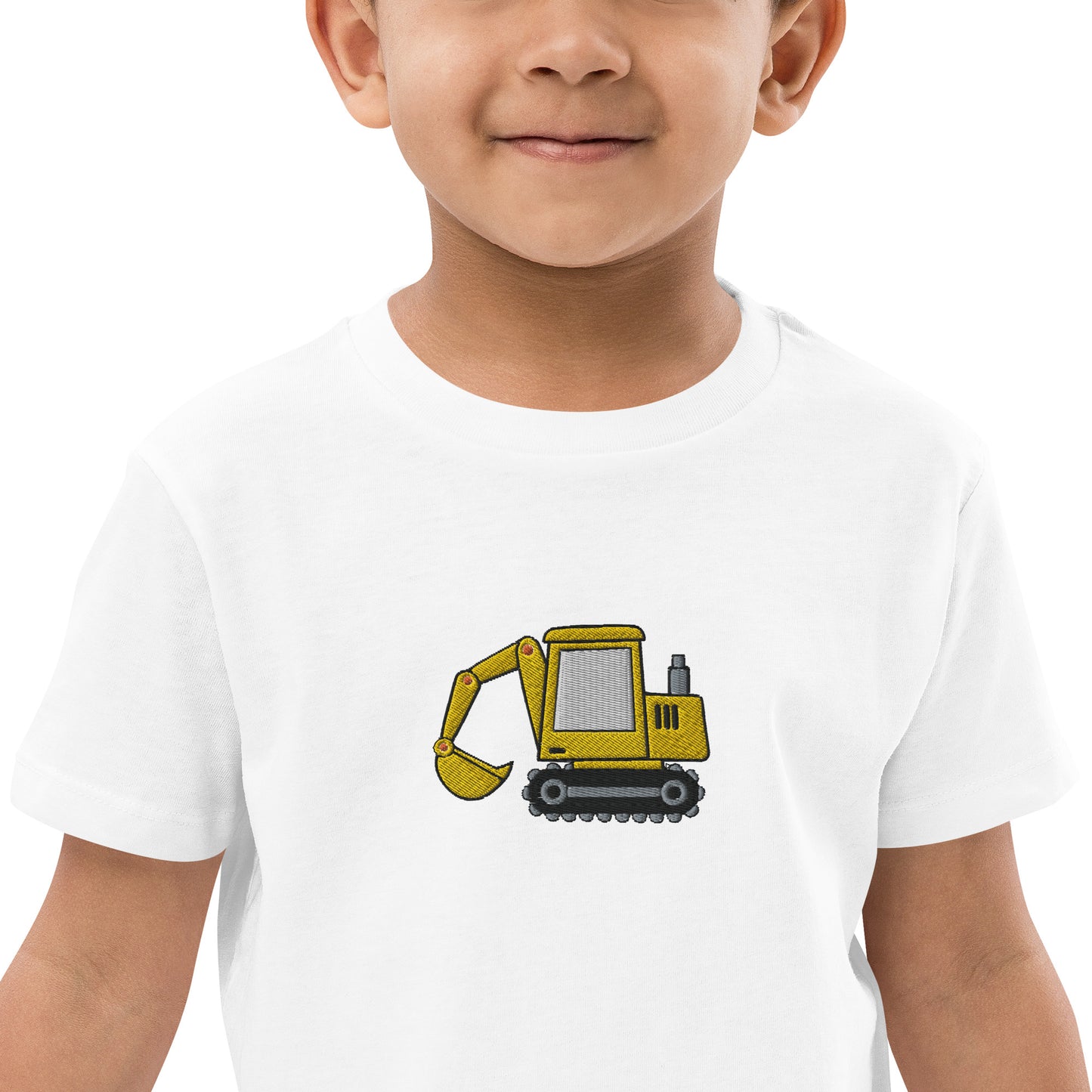 Bagger auf Bio-Baumwoll-T-Shirt für Kinder gestickt