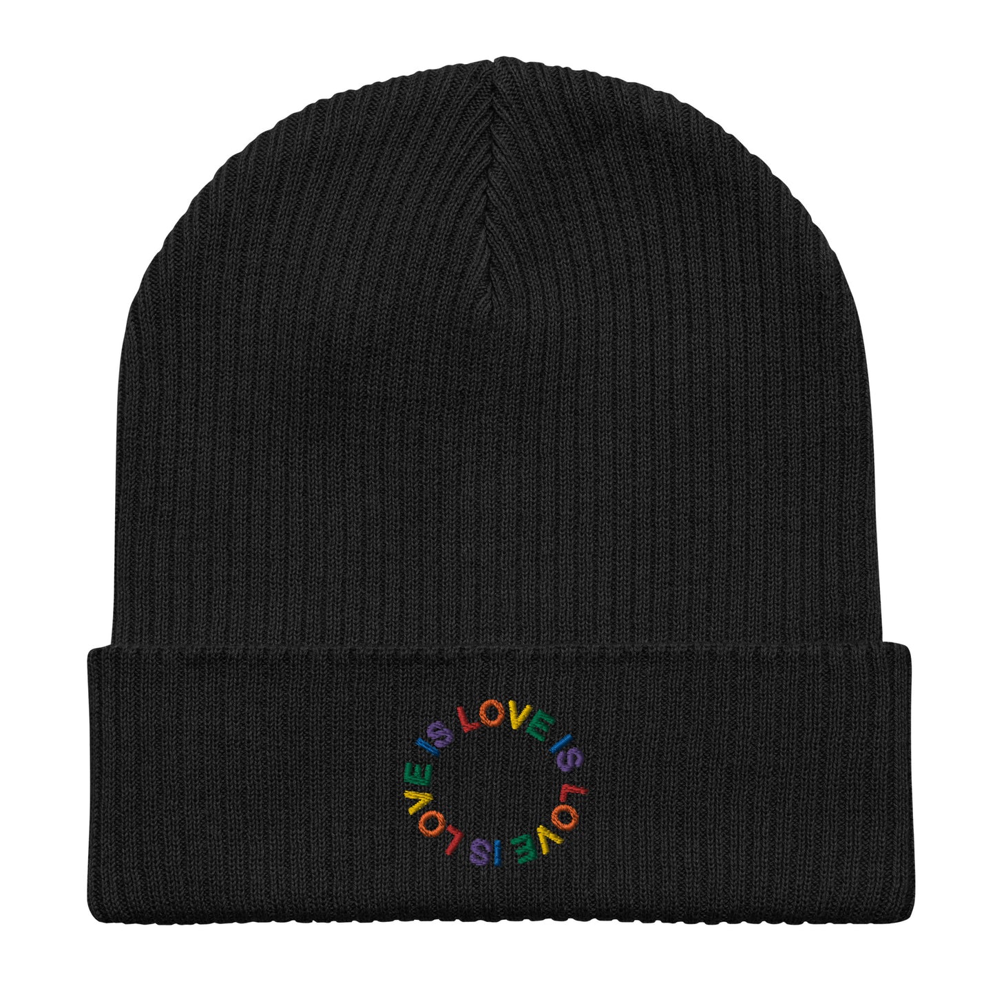 LOVE IS LOVE auf Gerippte Bio-Beanie gestickt