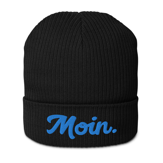 Moin. auf Gerippte Bio-Beanie gestickt Personalisierbar