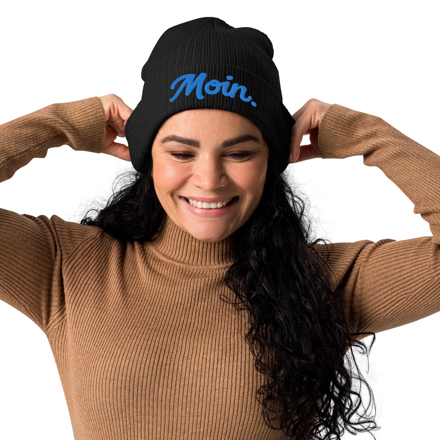 Moin. auf Gerippte Bio-Beanie gestickt Personalisierbar