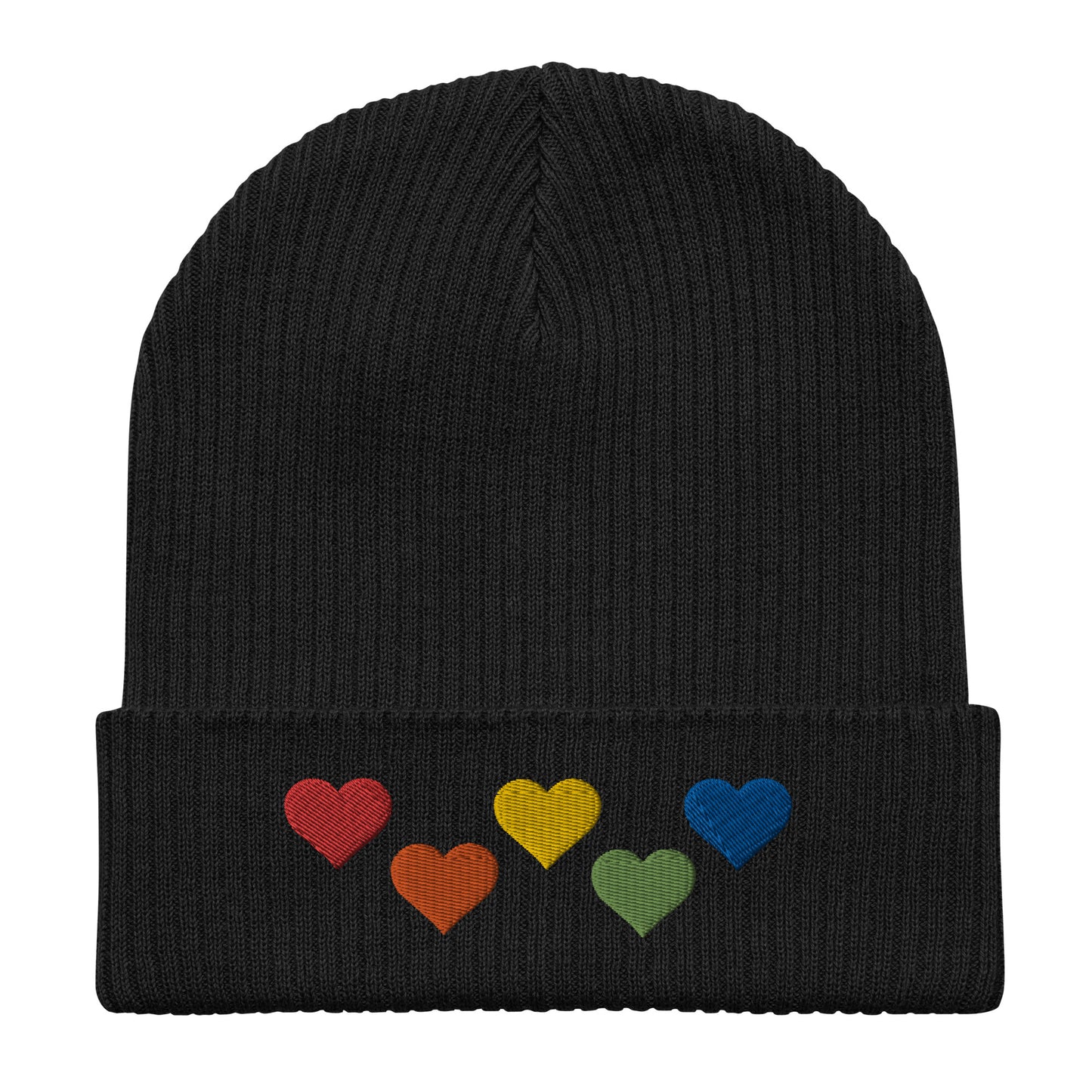 Regenbogenherzen auf Gerippte Bio-Beanie gestickt