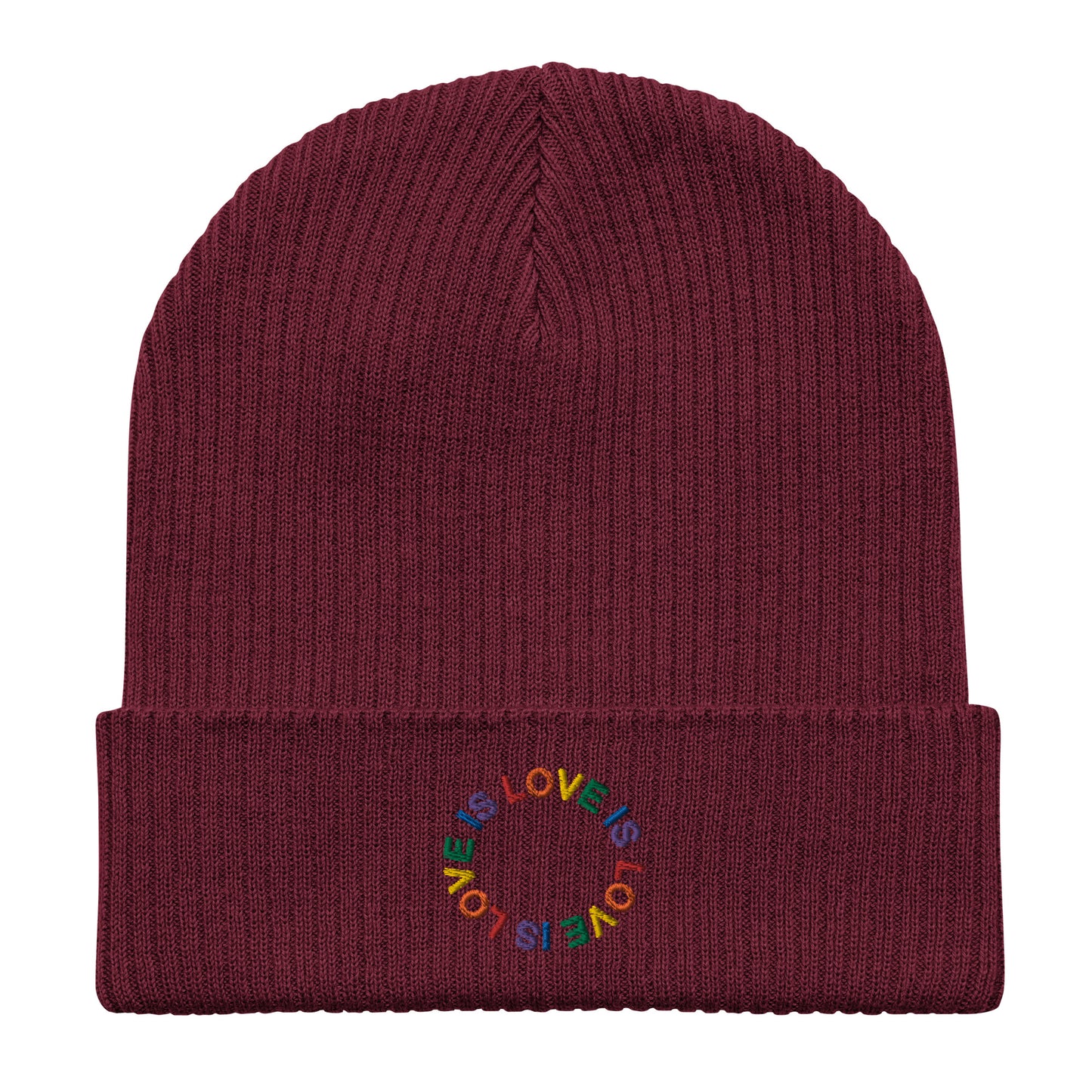 LOVE IS LOVE auf Gerippte Bio-Beanie gestickt