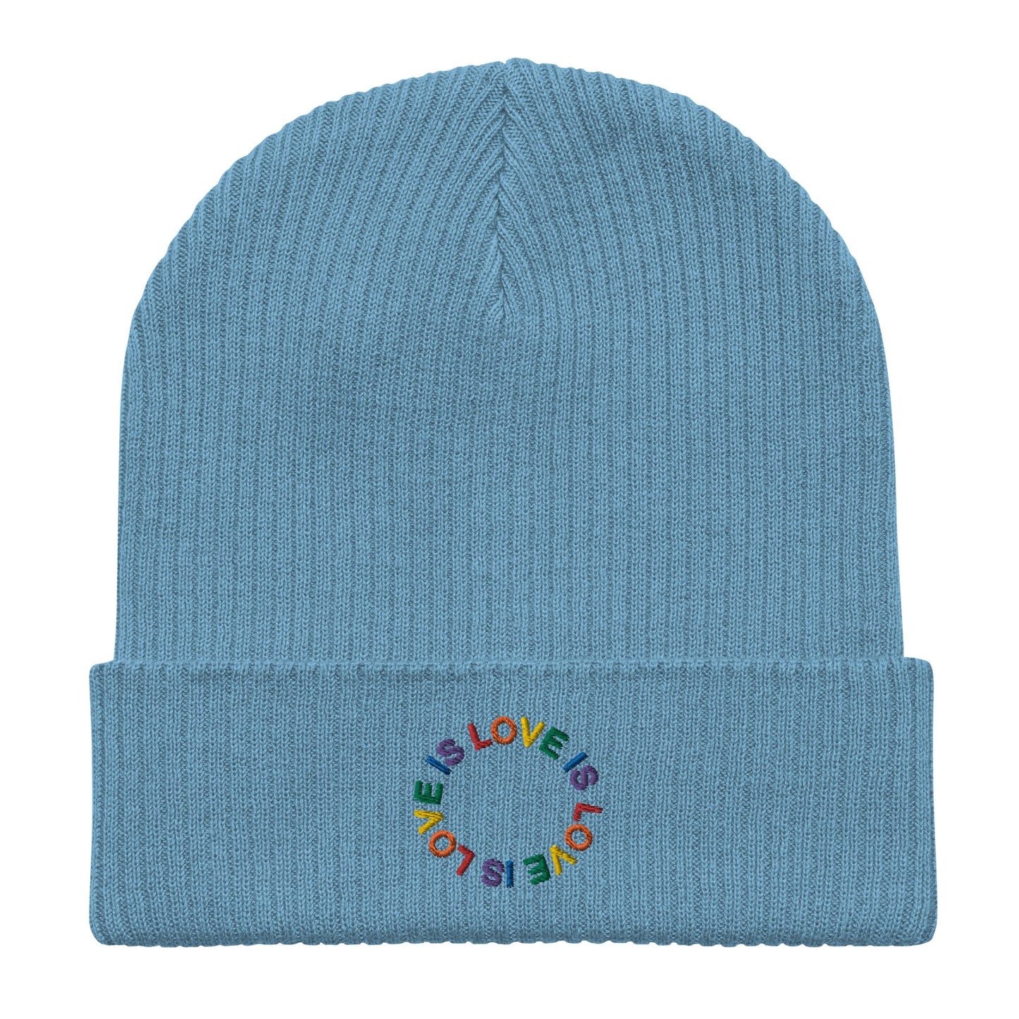 LOVE IS LOVE auf Gerippte Bio-Beanie gestickt