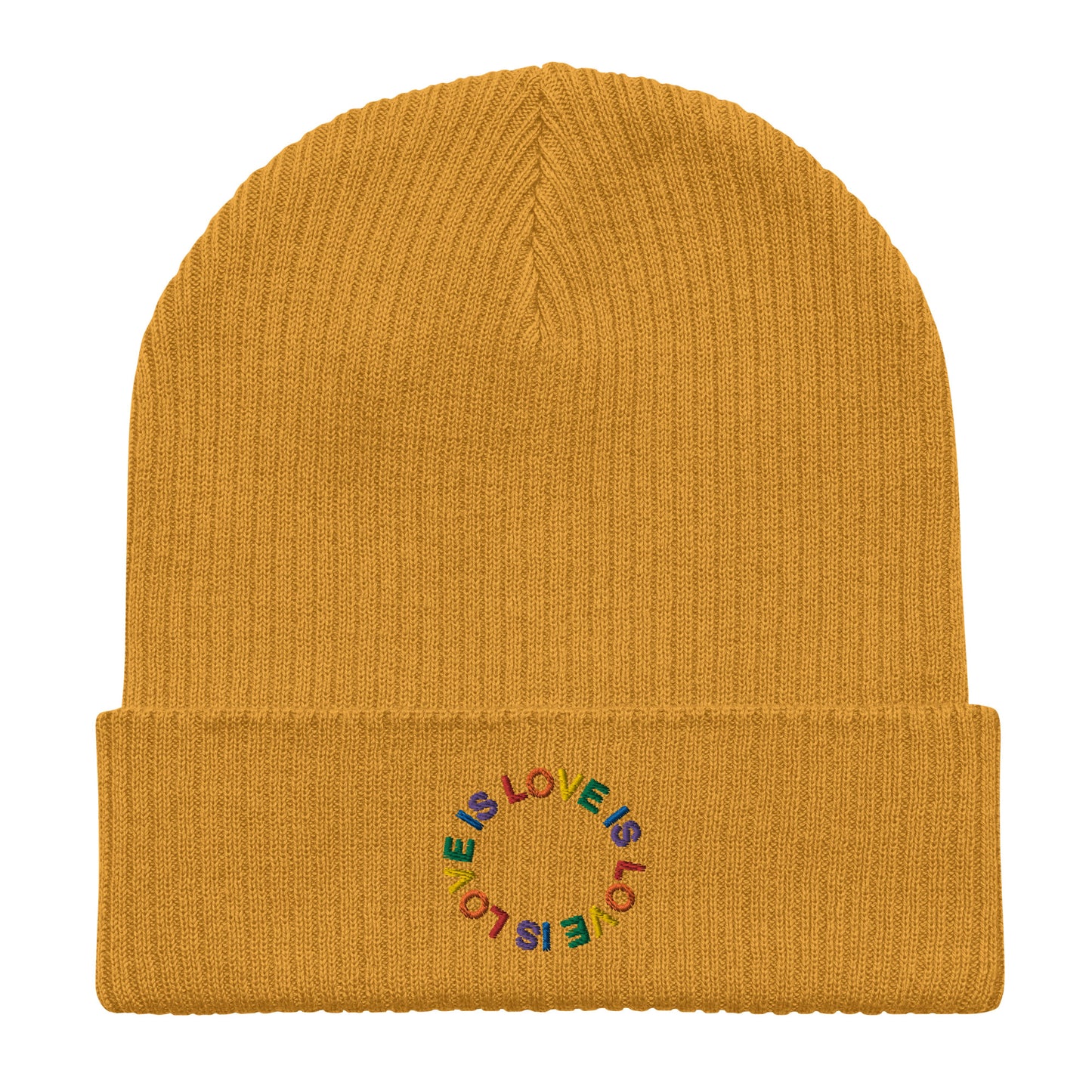 LOVE IS LOVE auf Gerippte Bio-Beanie gestickt